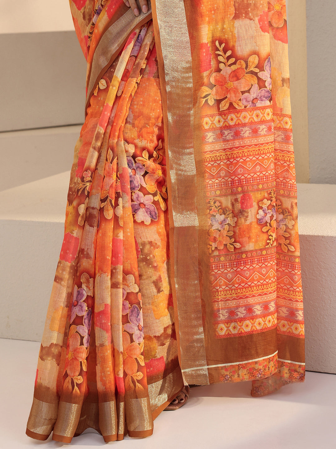  Orange Floral Print Cotton Blend Saree 