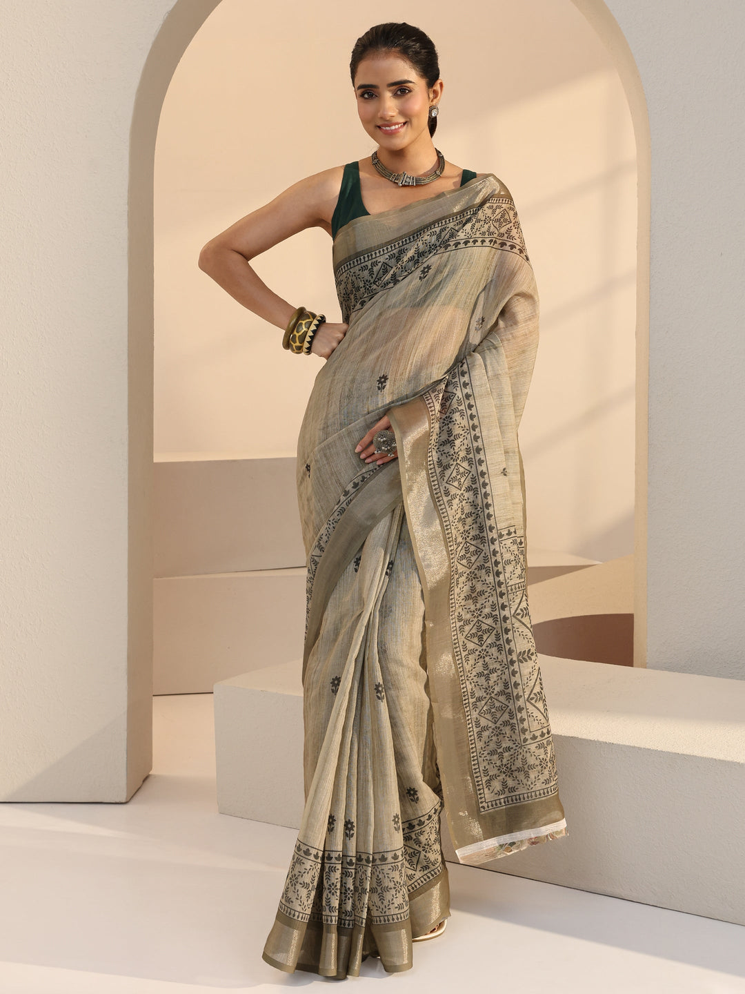  Beige Floral Print Cotton Blend Saree 