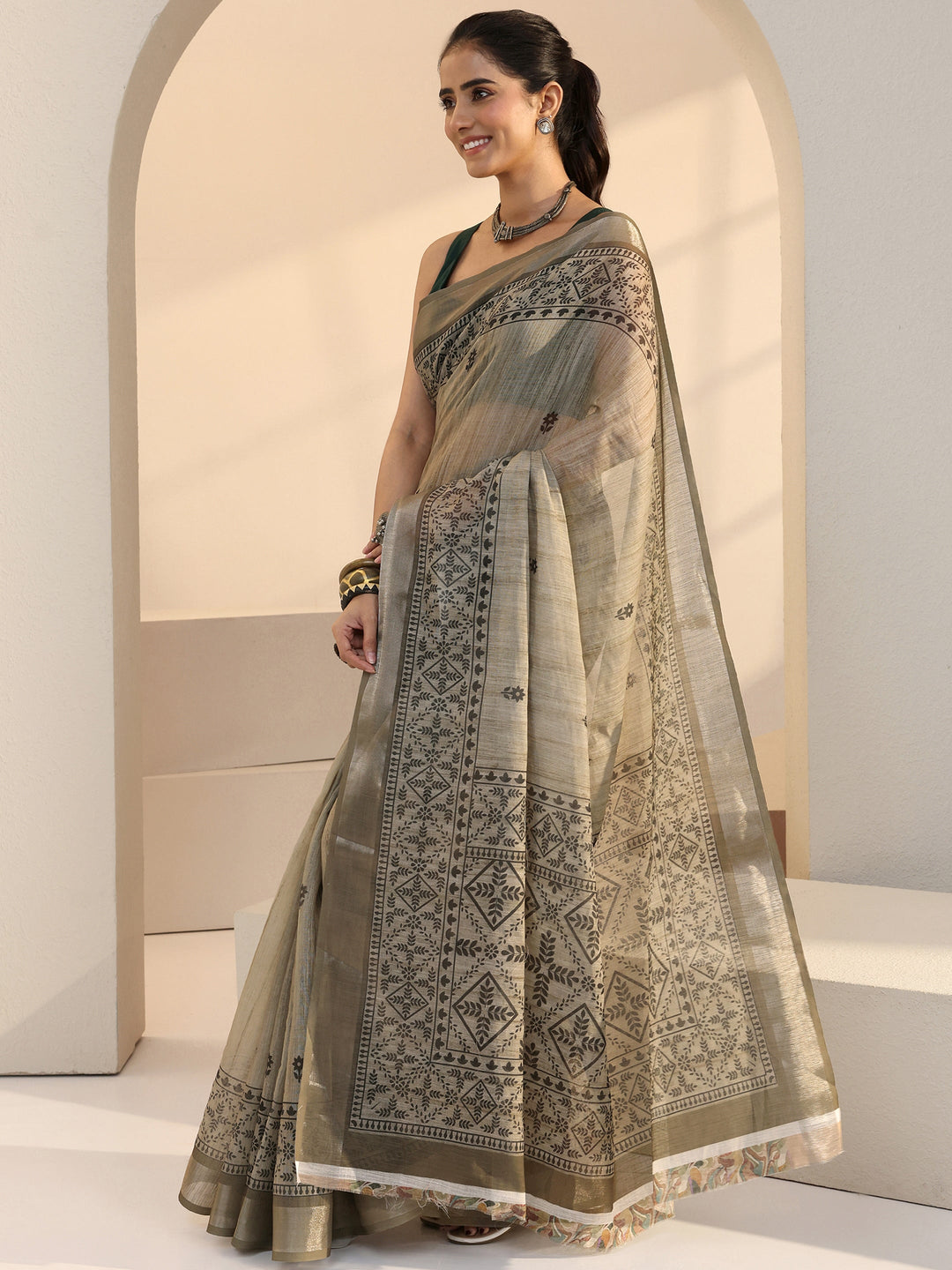  Beige Floral Print Cotton Blend Saree 