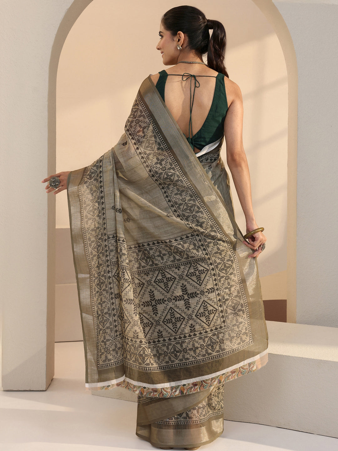  Beige Floral Print Cotton Blend Saree 