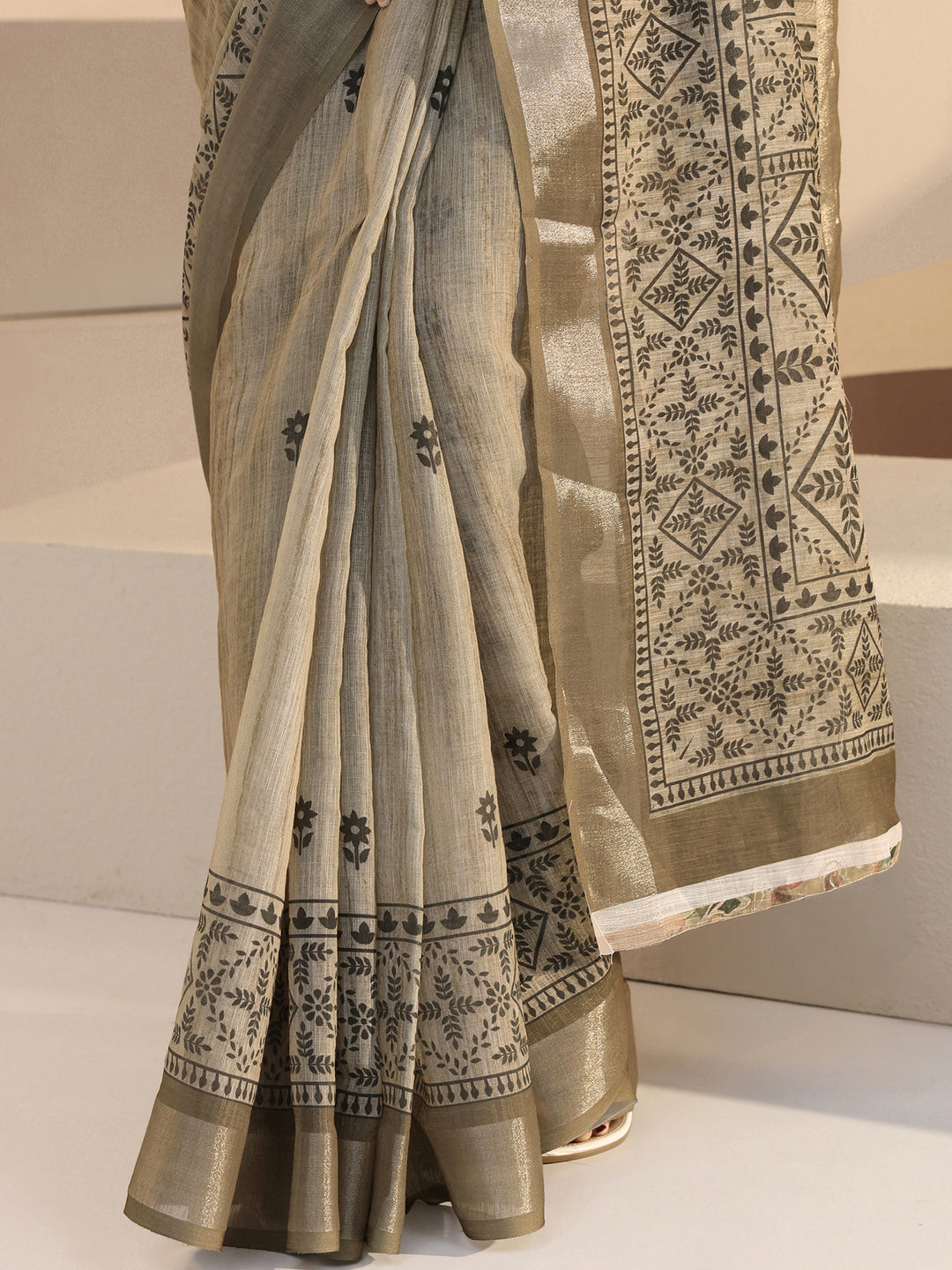  Beige Floral Print Cotton Blend Saree 