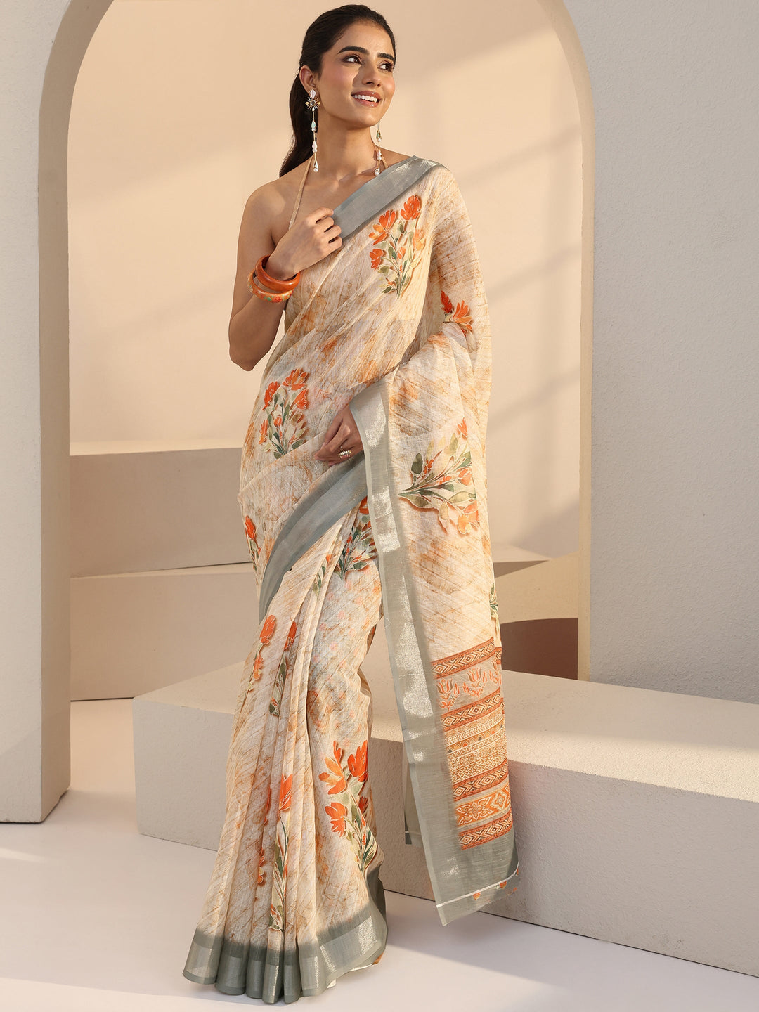  Cream Floral Print Cotton Blend Saree 