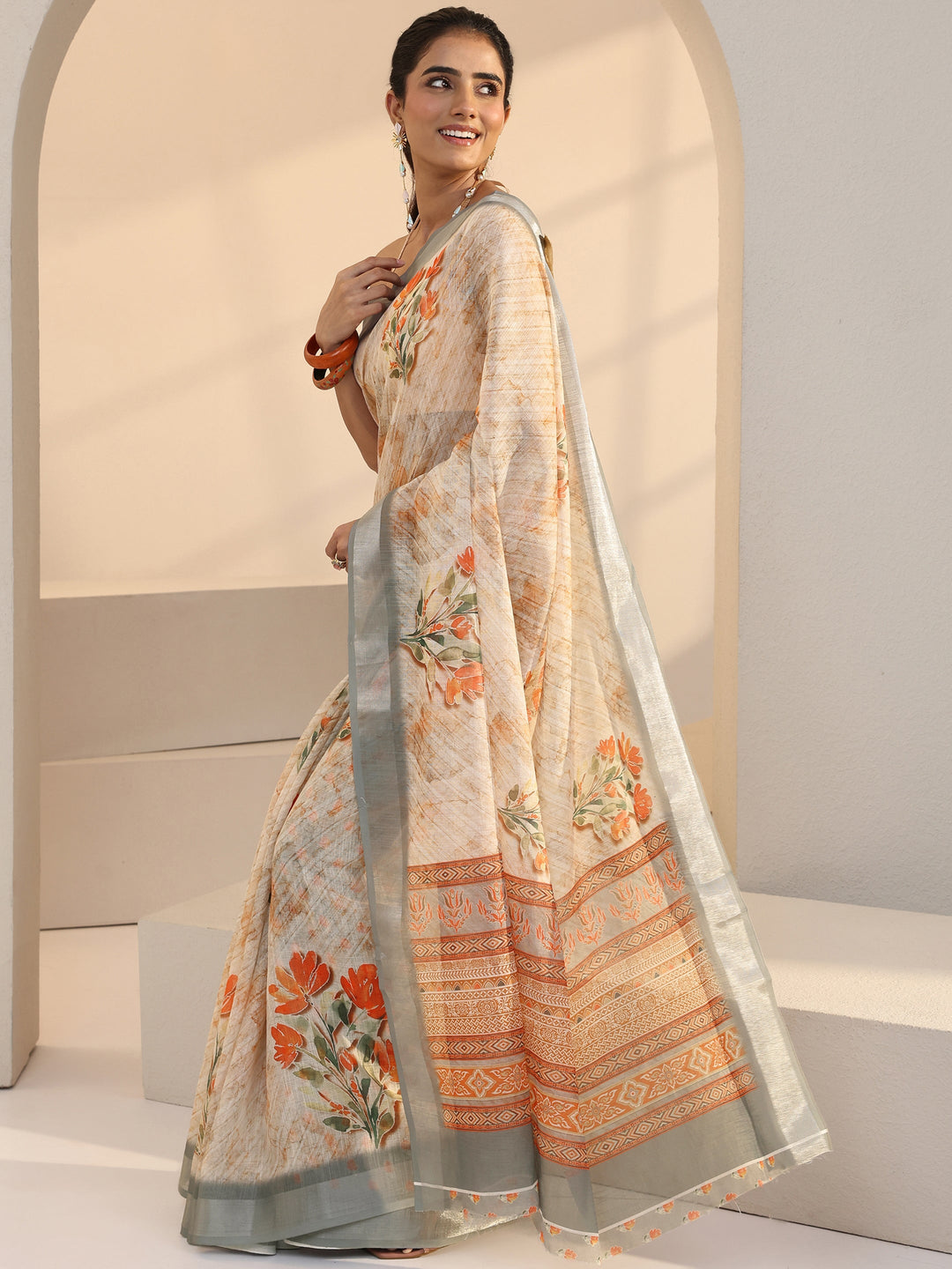  Cream Floral Print Cotton Blend Saree 