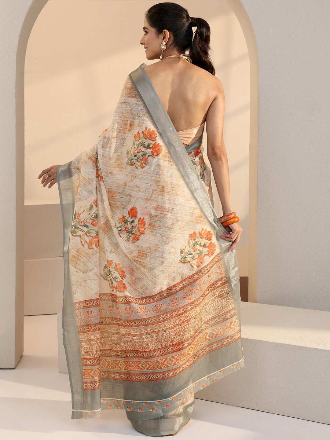  Cream Floral Print Cotton Blend Saree 