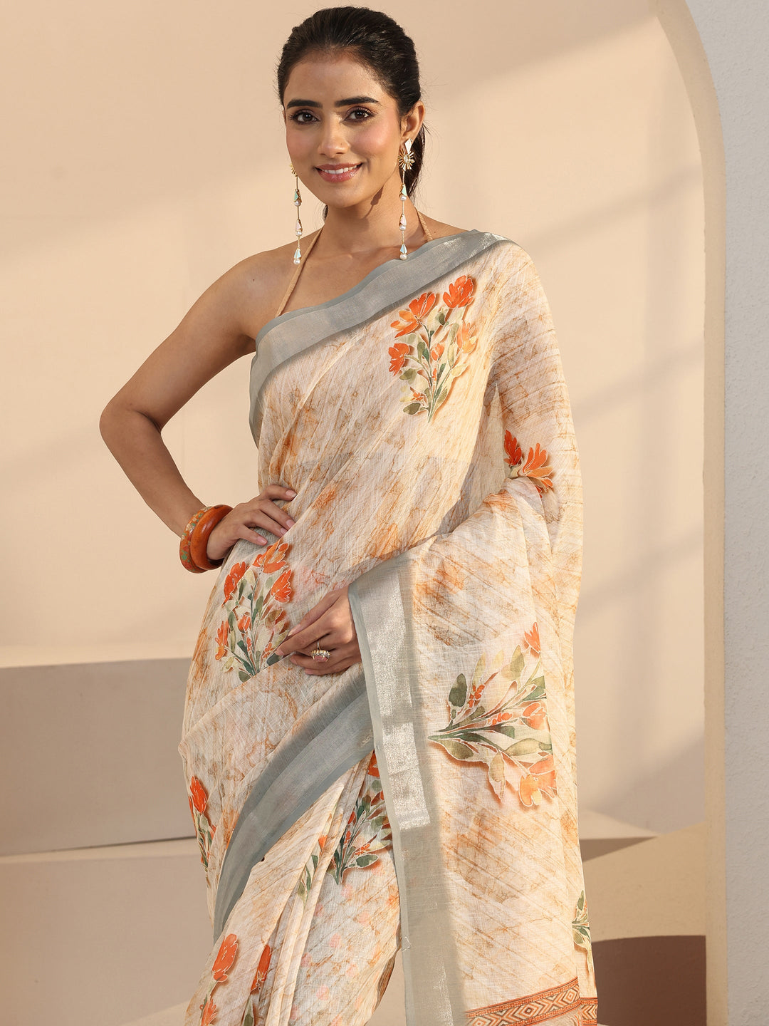  Cream Floral Print Cotton Blend Saree 