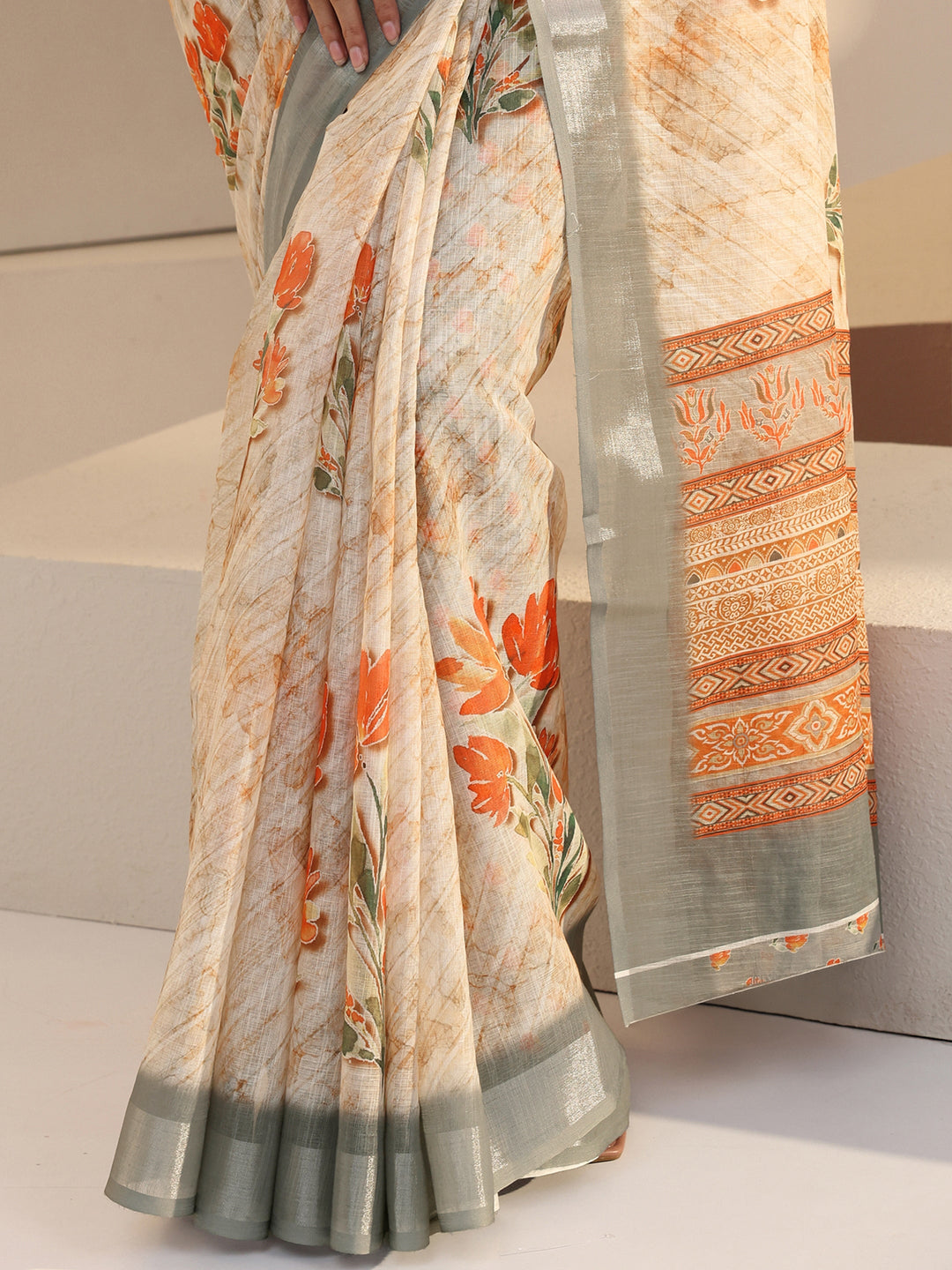  Cream Floral Print Cotton Blend Saree 