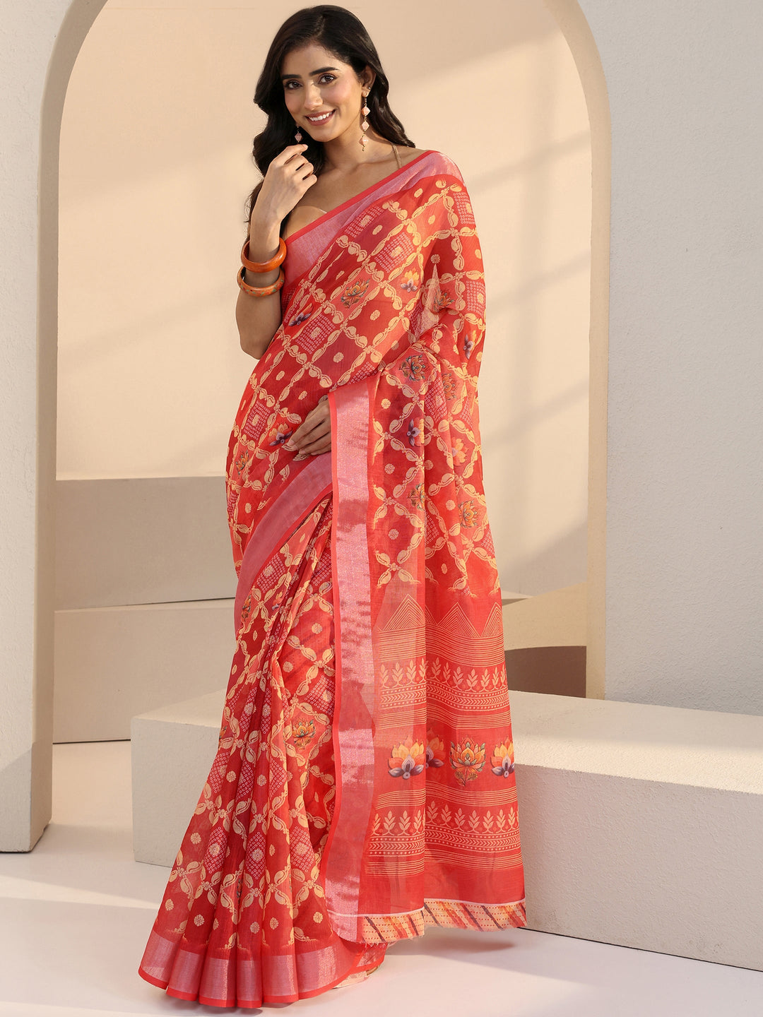  Peach Orange Floral Print Cotton Blend Saree 