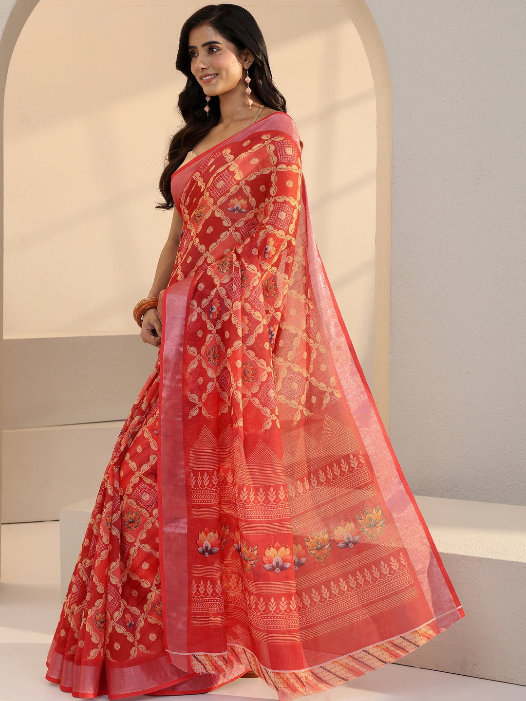  Peach Orange Floral Print Cotton Blend Saree 