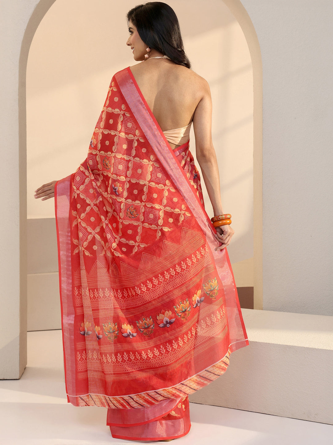  Peach Orange Floral Print Cotton Blend Saree 