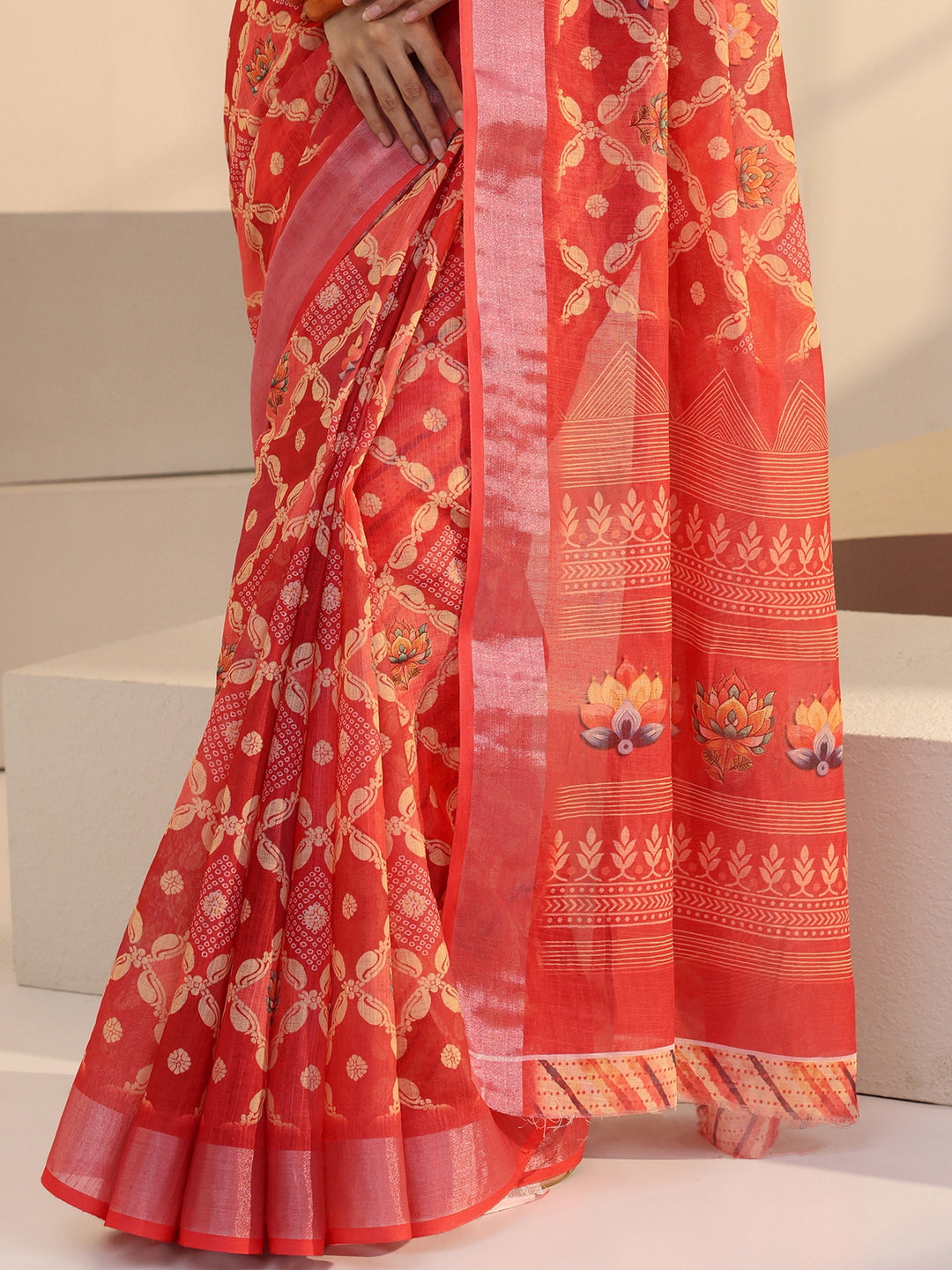  Peach Orange Floral Print Cotton Blend Saree 