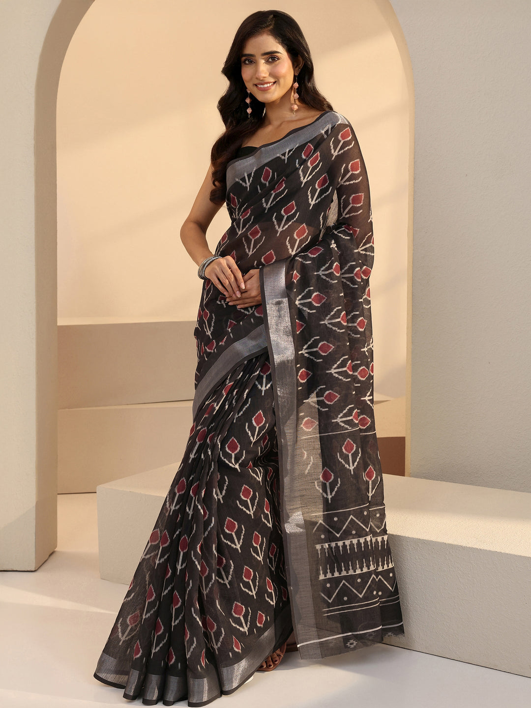  Black Tulip Print Cotton Blend Saree 