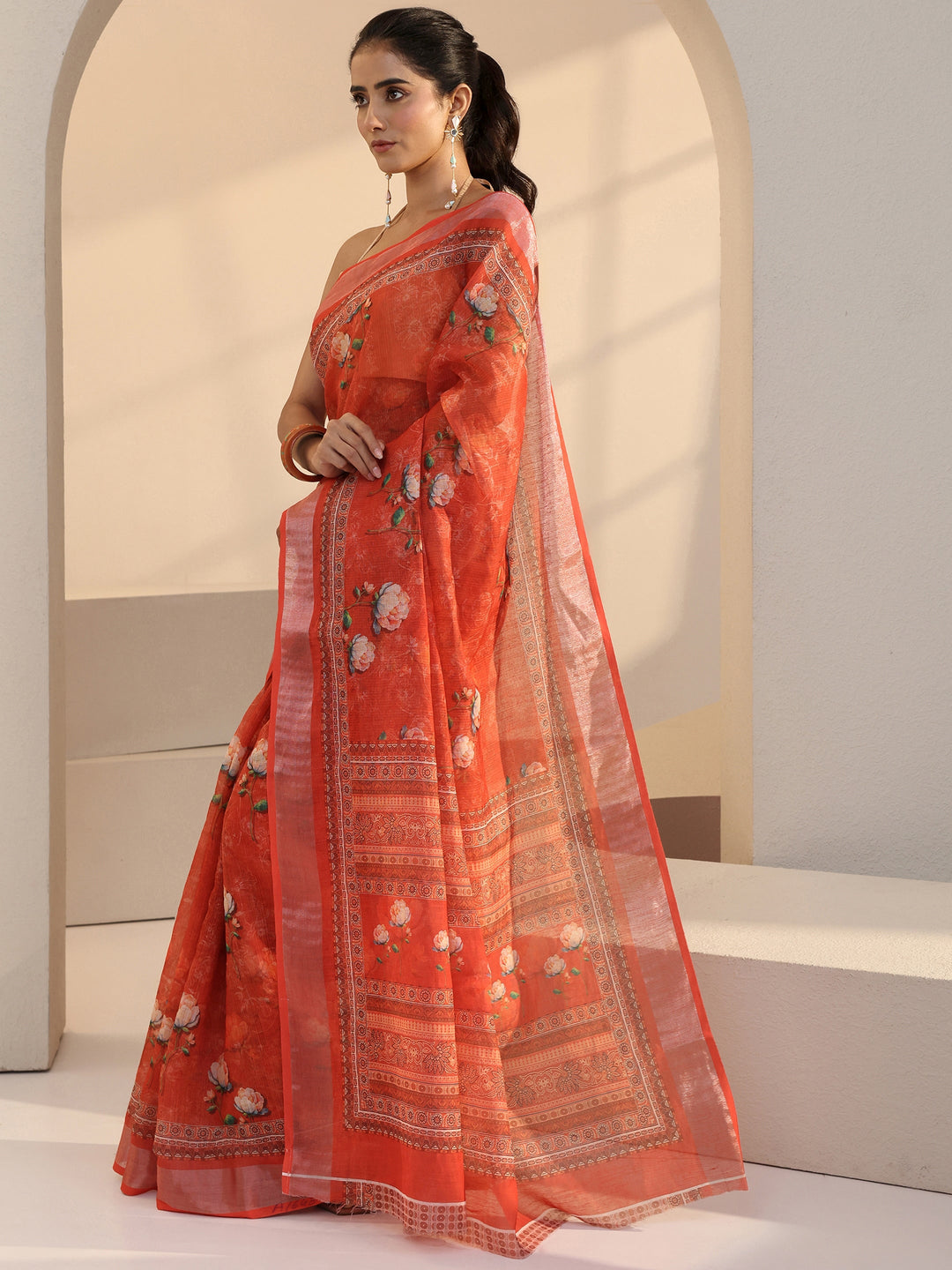  Peach Floral Print Cotton Blend Saree 