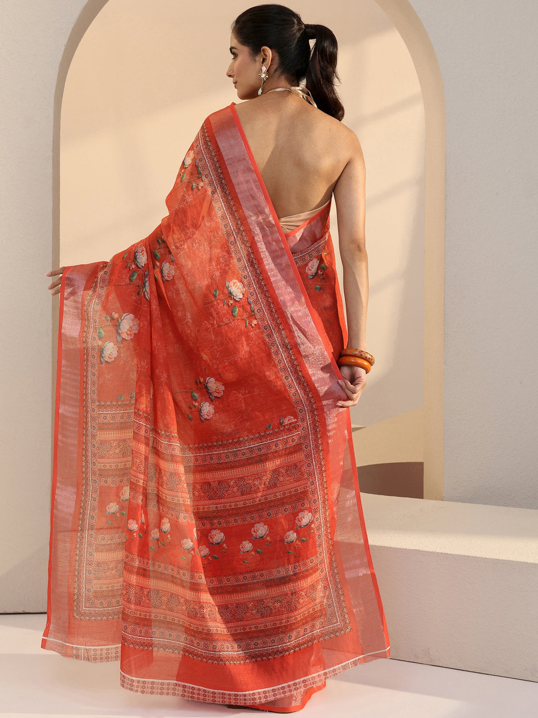  Peach Floral Print Cotton Blend Saree 