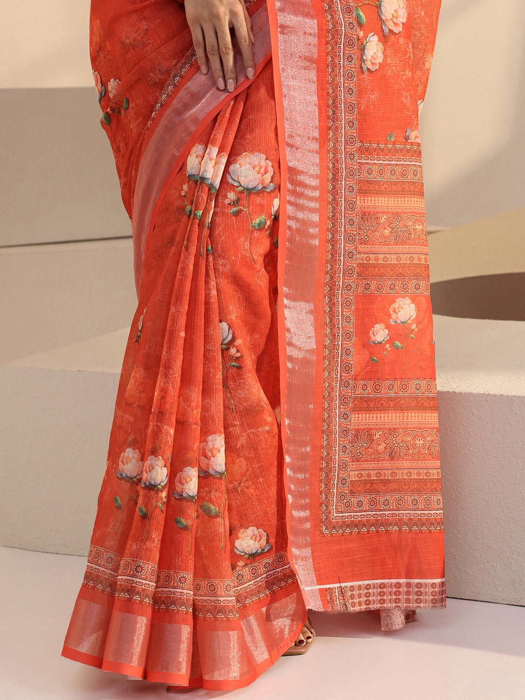  Peach Floral Print Cotton Blend Saree 