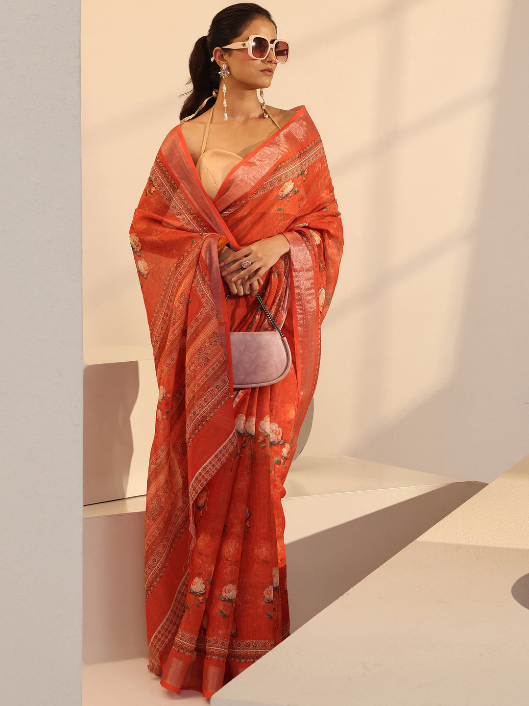  Peach Floral Print Cotton Blend Saree 