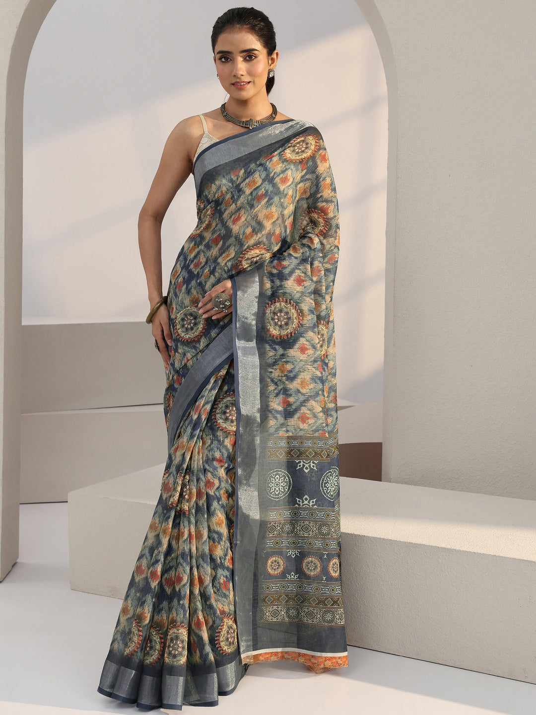  Blue Abstract Print Cotton Blend Saree 