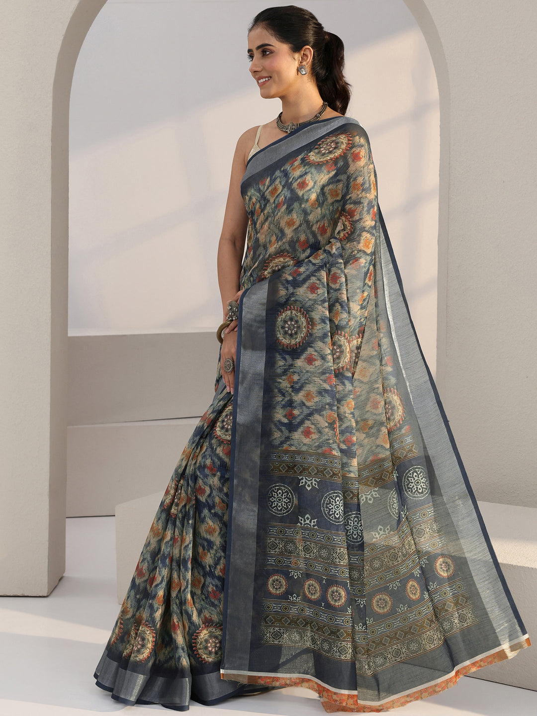  Blue Abstract Print Cotton Blend Saree 