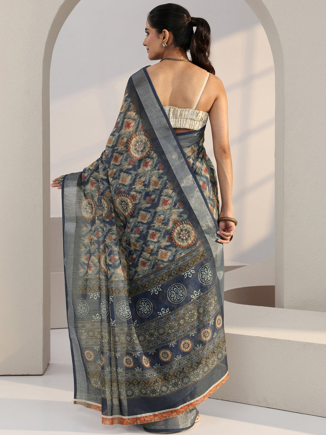  Blue Abstract Print Cotton Blend Saree 