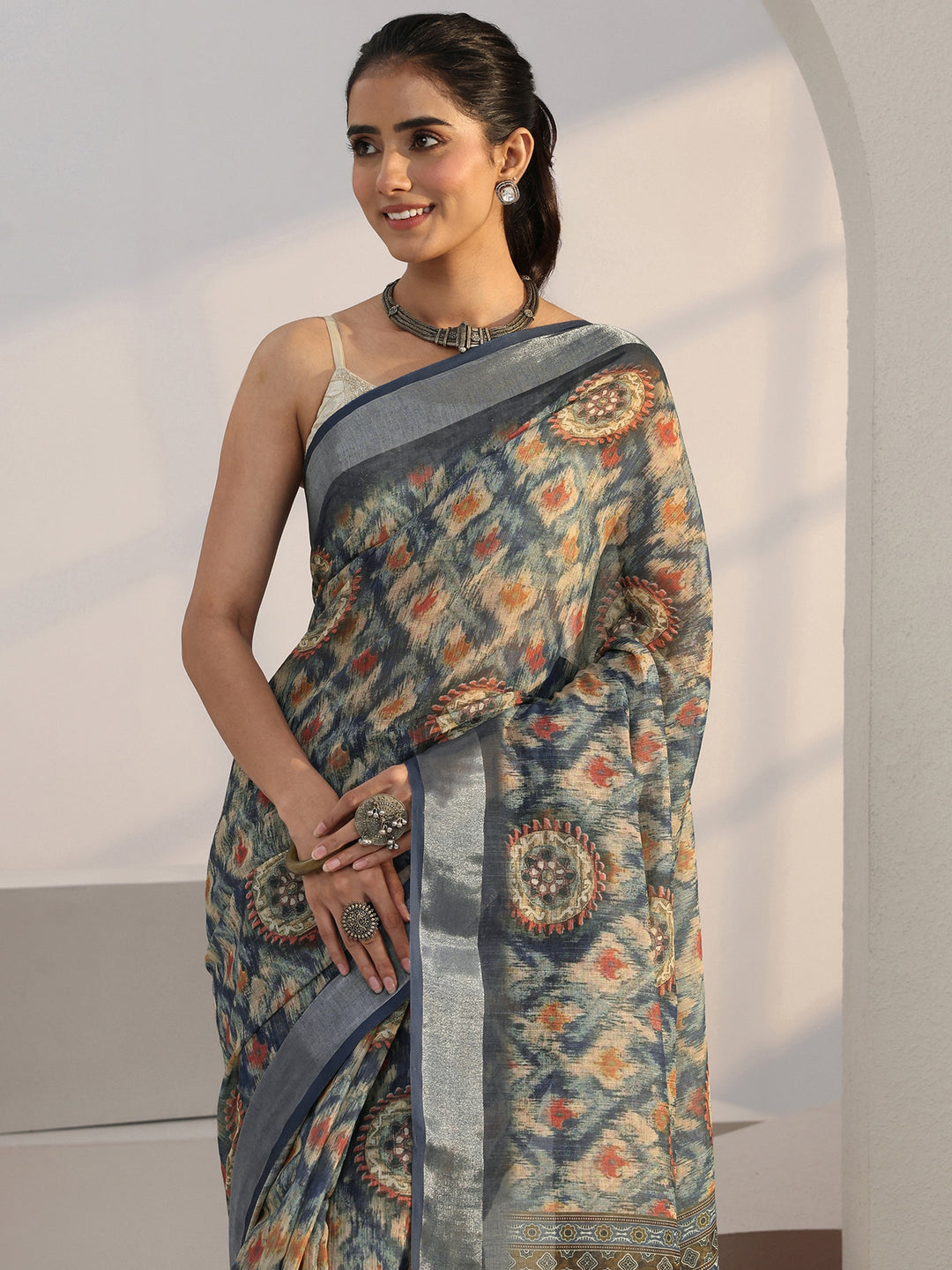  Blue Abstract Print Cotton Blend Saree 