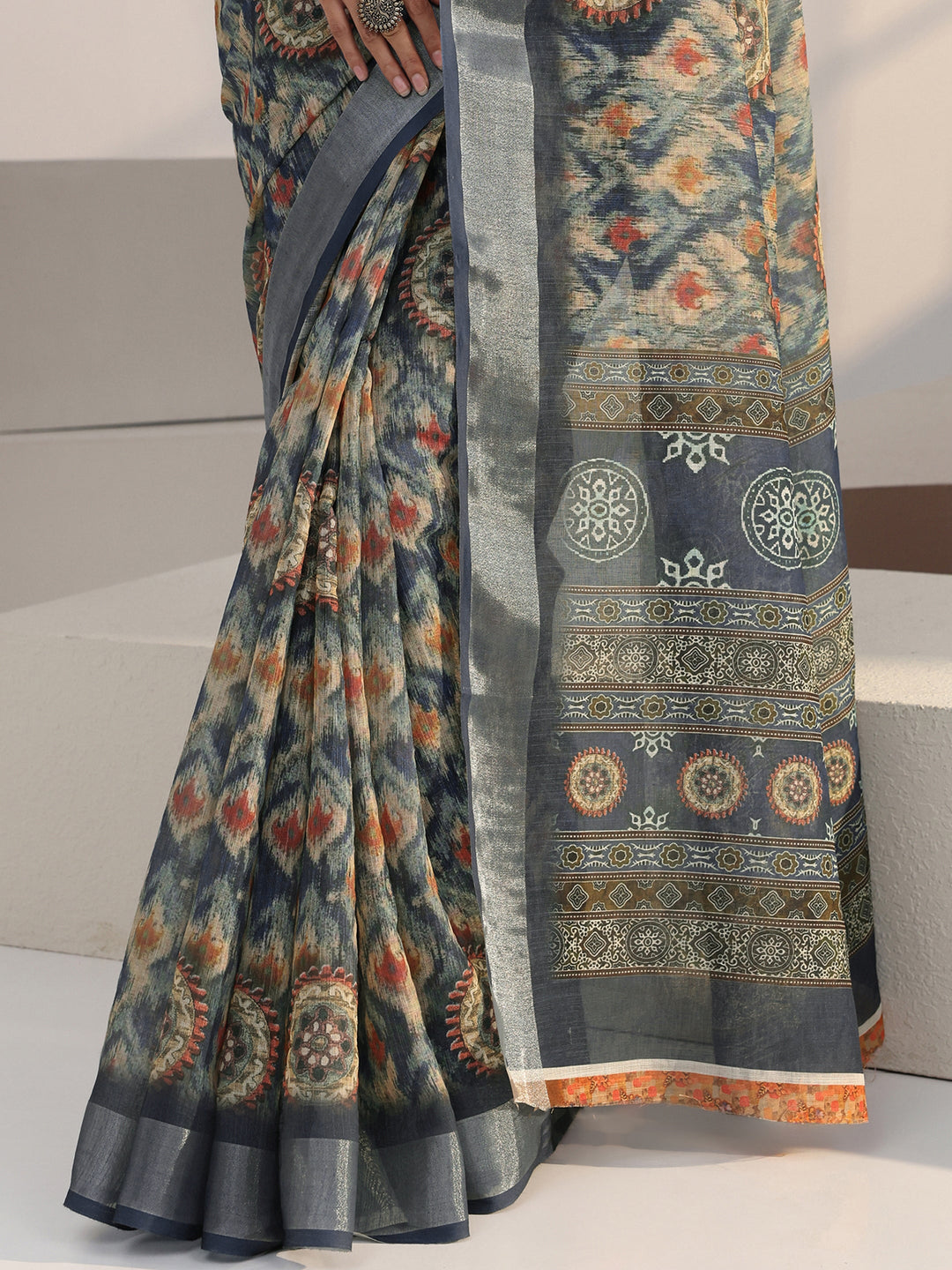 Blue Abstract Print Cotton Blend Saree 