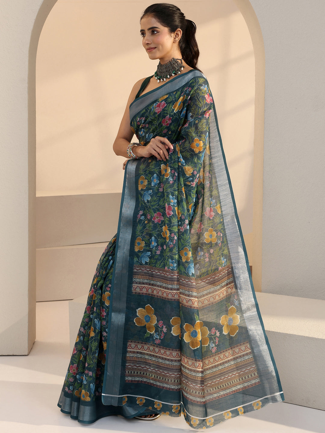  Prussian Blue Floral Print Cotton Blend Saree 