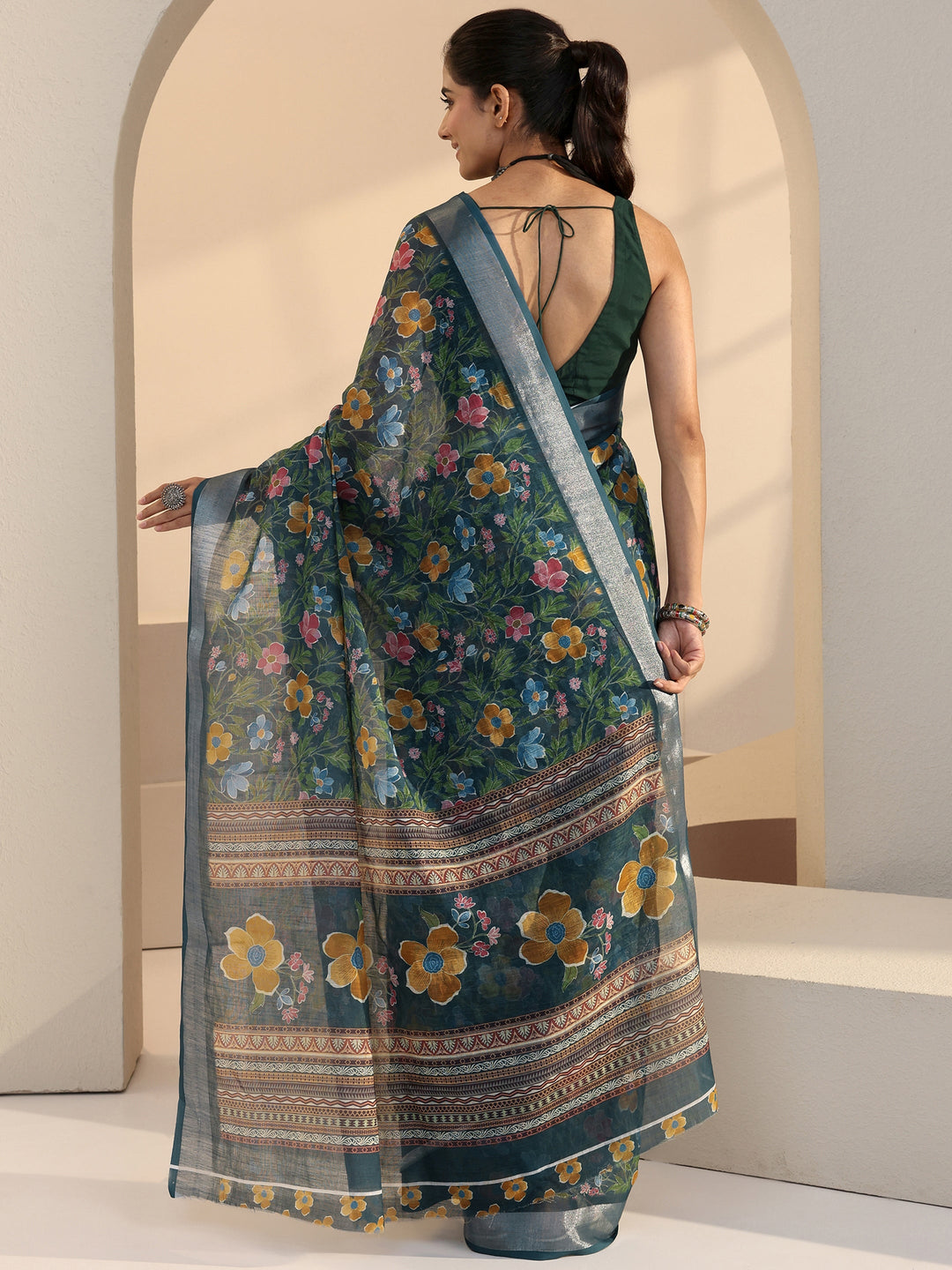  Prussian Blue Floral Print Cotton Blend Saree 