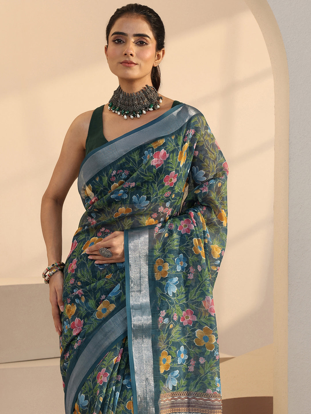  Prussian Blue Floral Print Cotton Blend Saree 