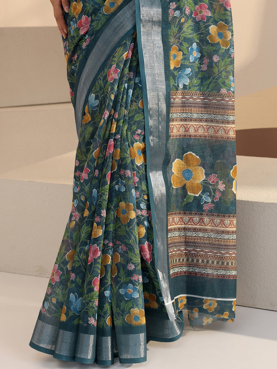  Prussian Blue Floral Print Cotton Blend Saree 
