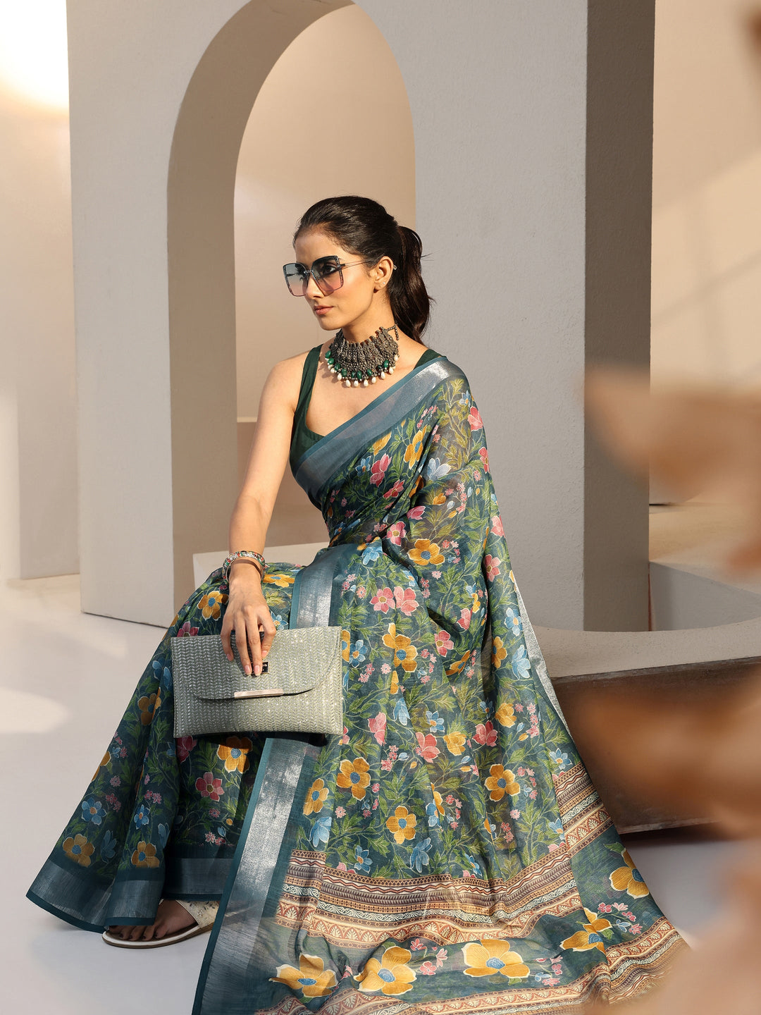  Prussian Blue Floral Print Cotton Blend Saree 