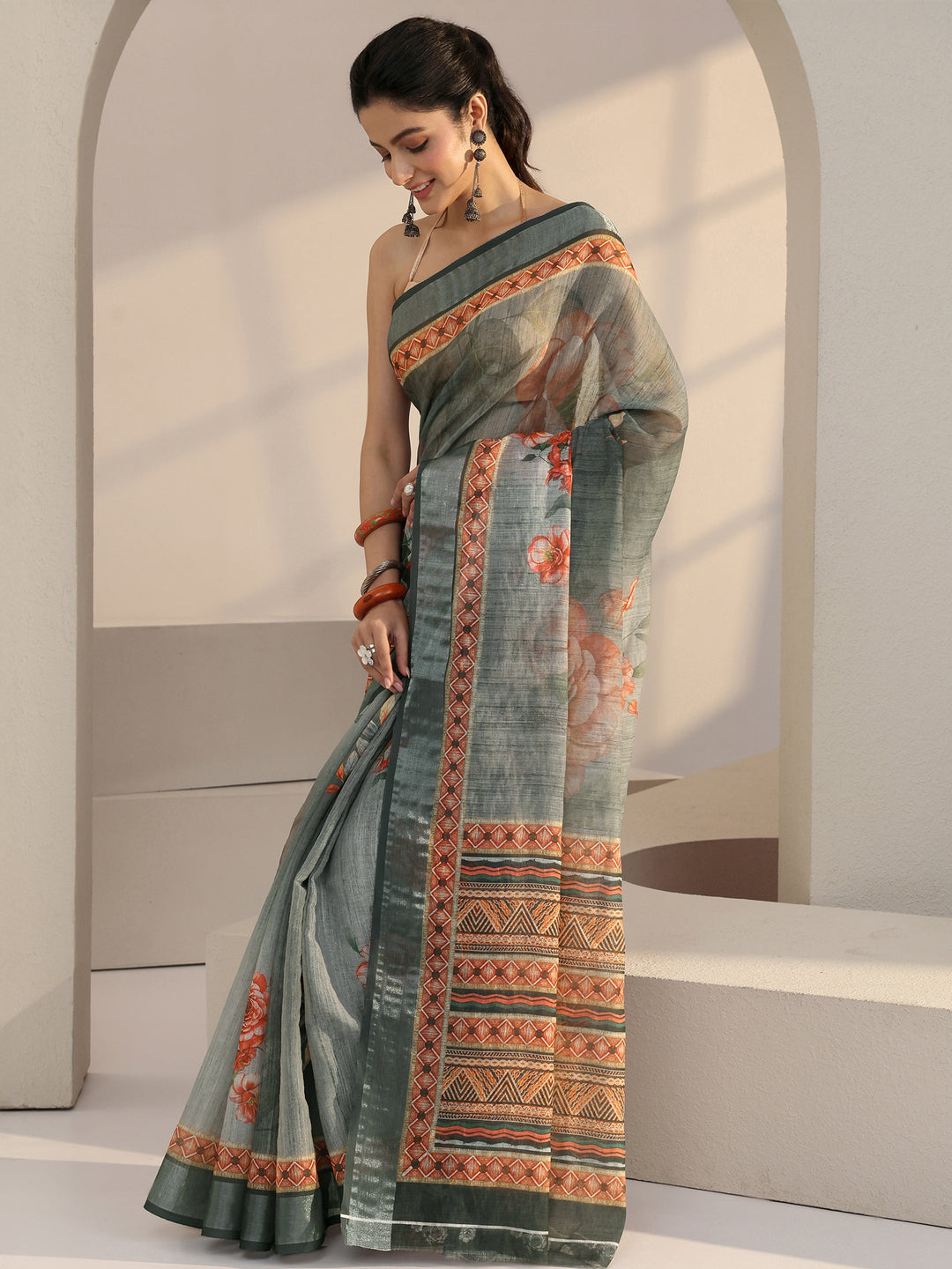  Grey Floral Print Cotton Blend Saree 