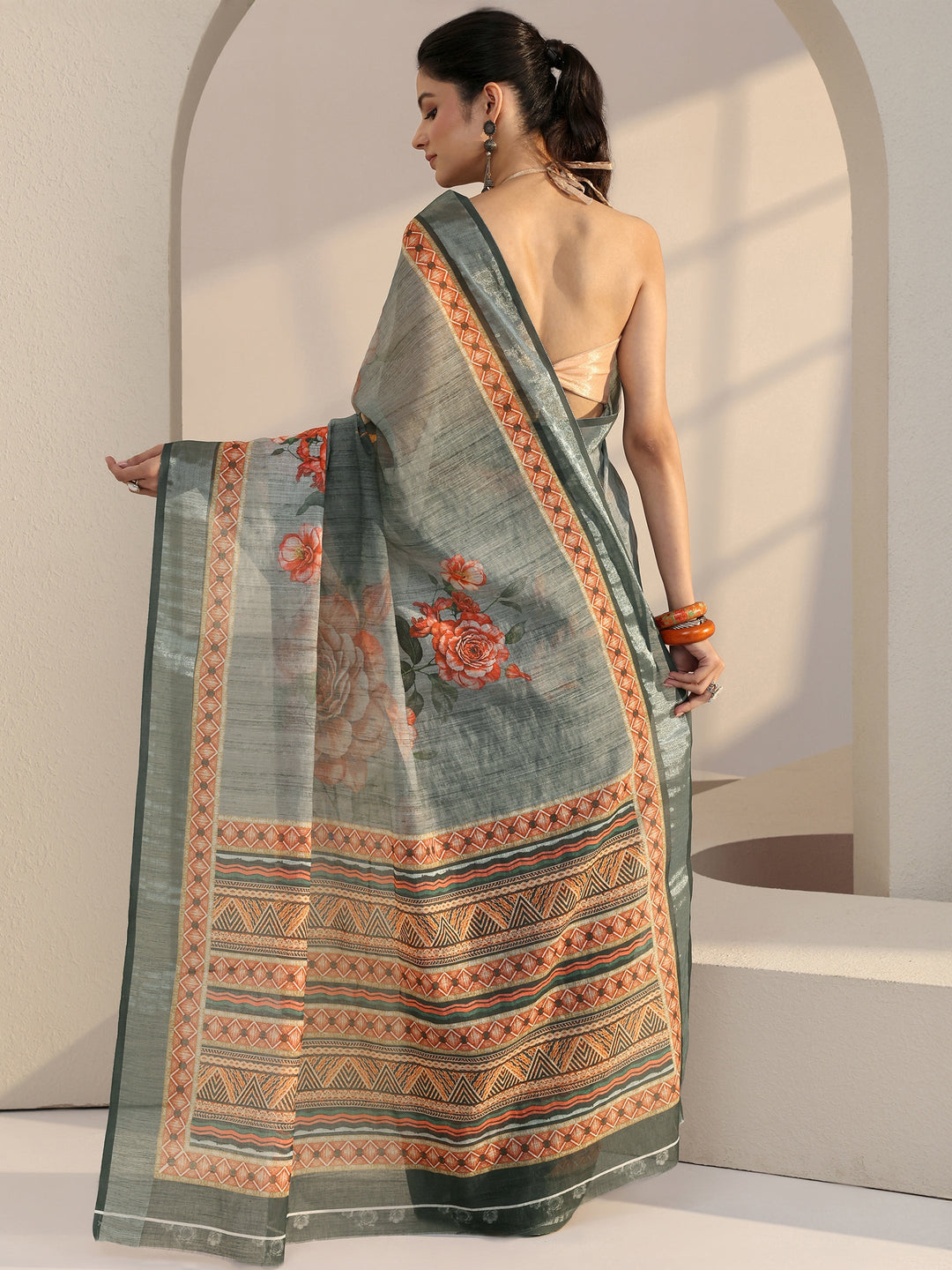  Grey Floral Print Cotton Blend Saree 