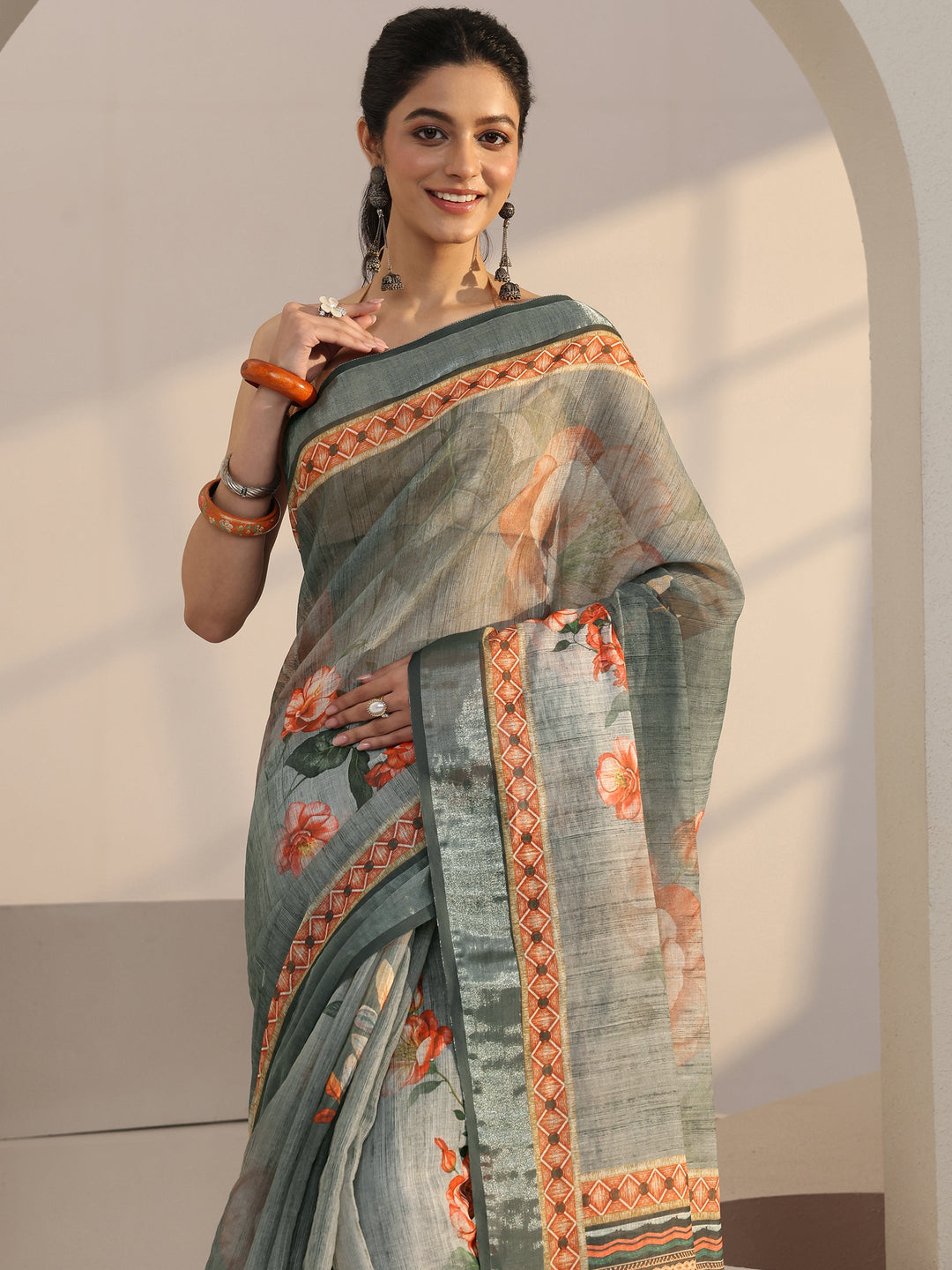  Grey Floral Print Cotton Blend Saree 
