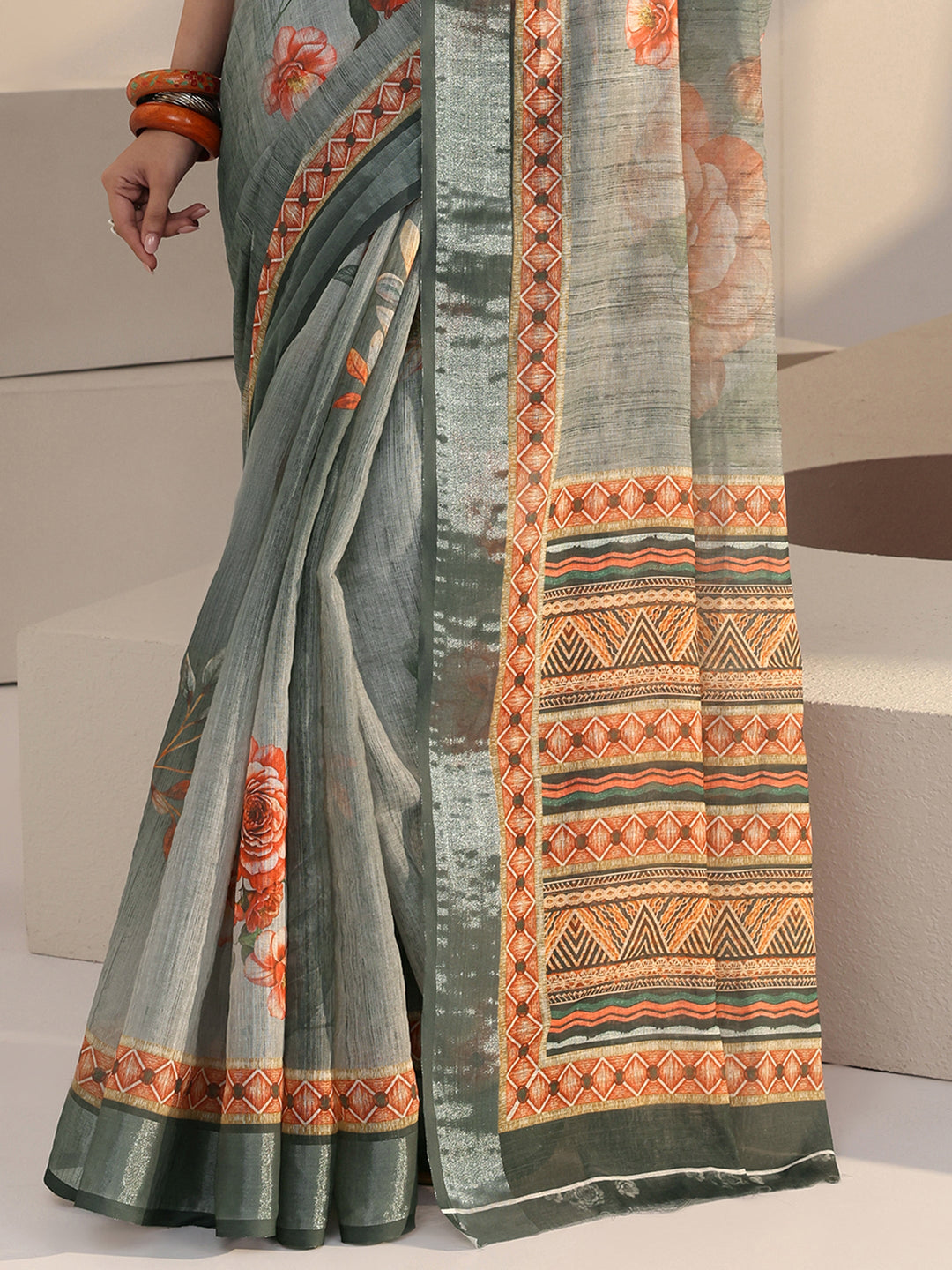  Grey Floral Print Cotton Blend Saree 