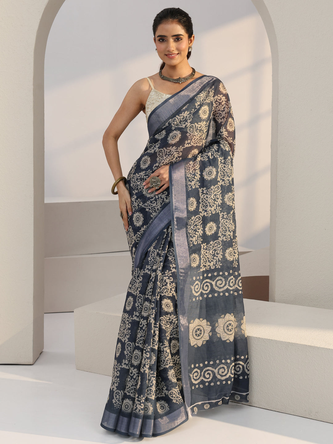  Blue Paisley Print Batik Cotton Blend Saree 