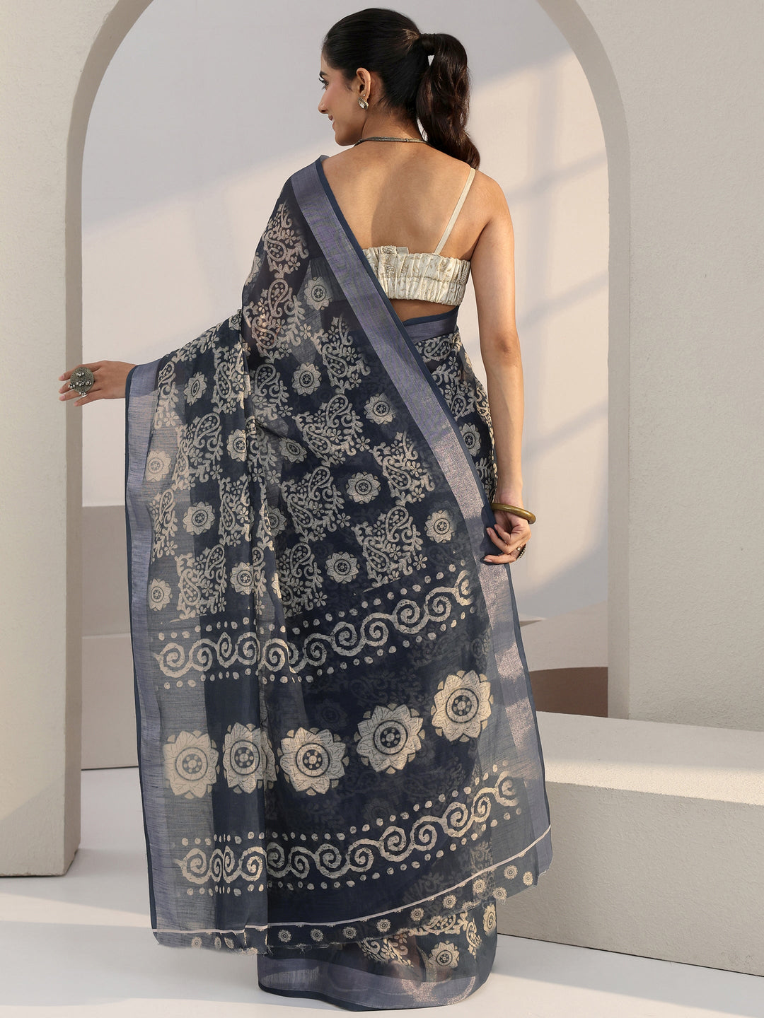  Blue Paisley Print Batik Cotton Blend Saree 