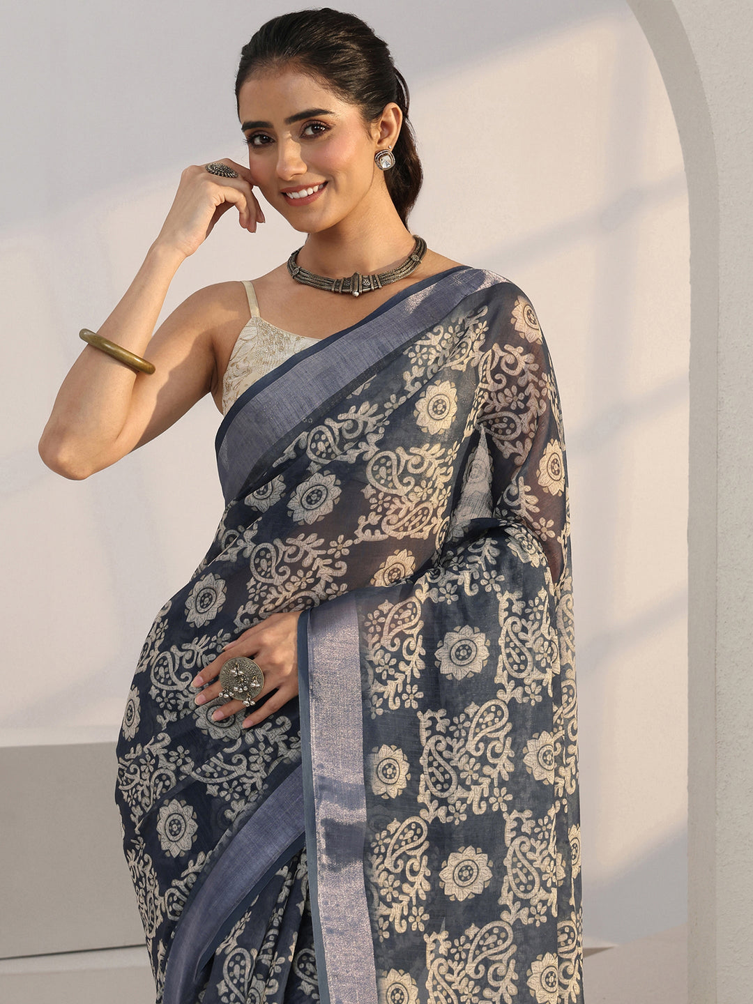  Blue Paisley Print Batik Cotton Blend Saree 