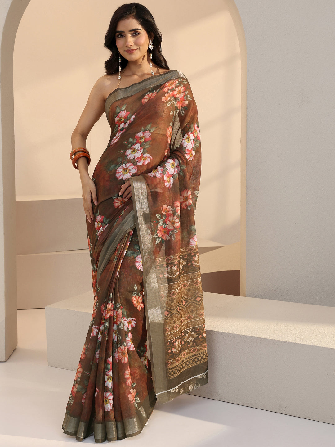  Brown Floral Print Cotton Blend Saree 