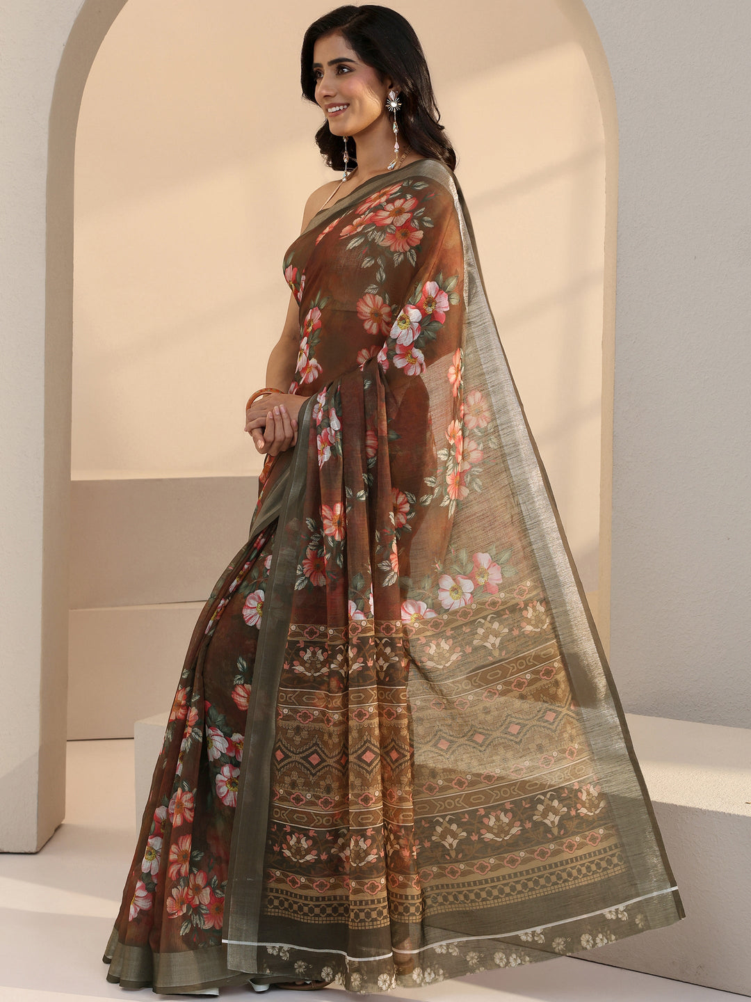  Brown Floral Print Cotton Blend Saree 
