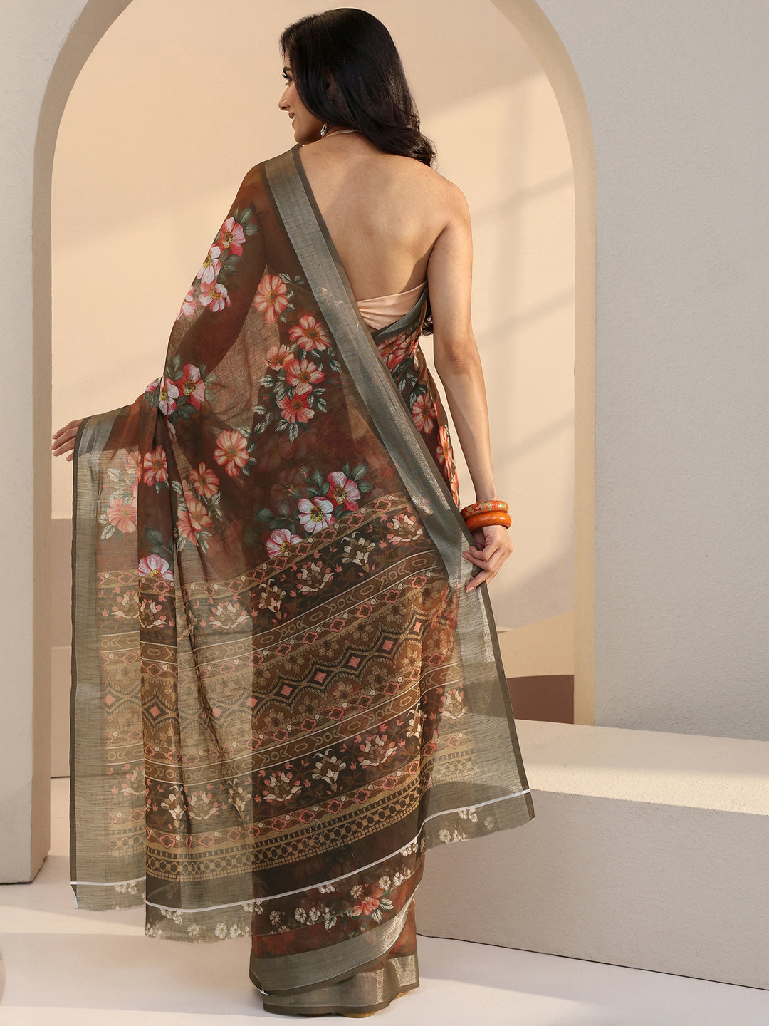  Brown Floral Print Cotton Blend Saree 