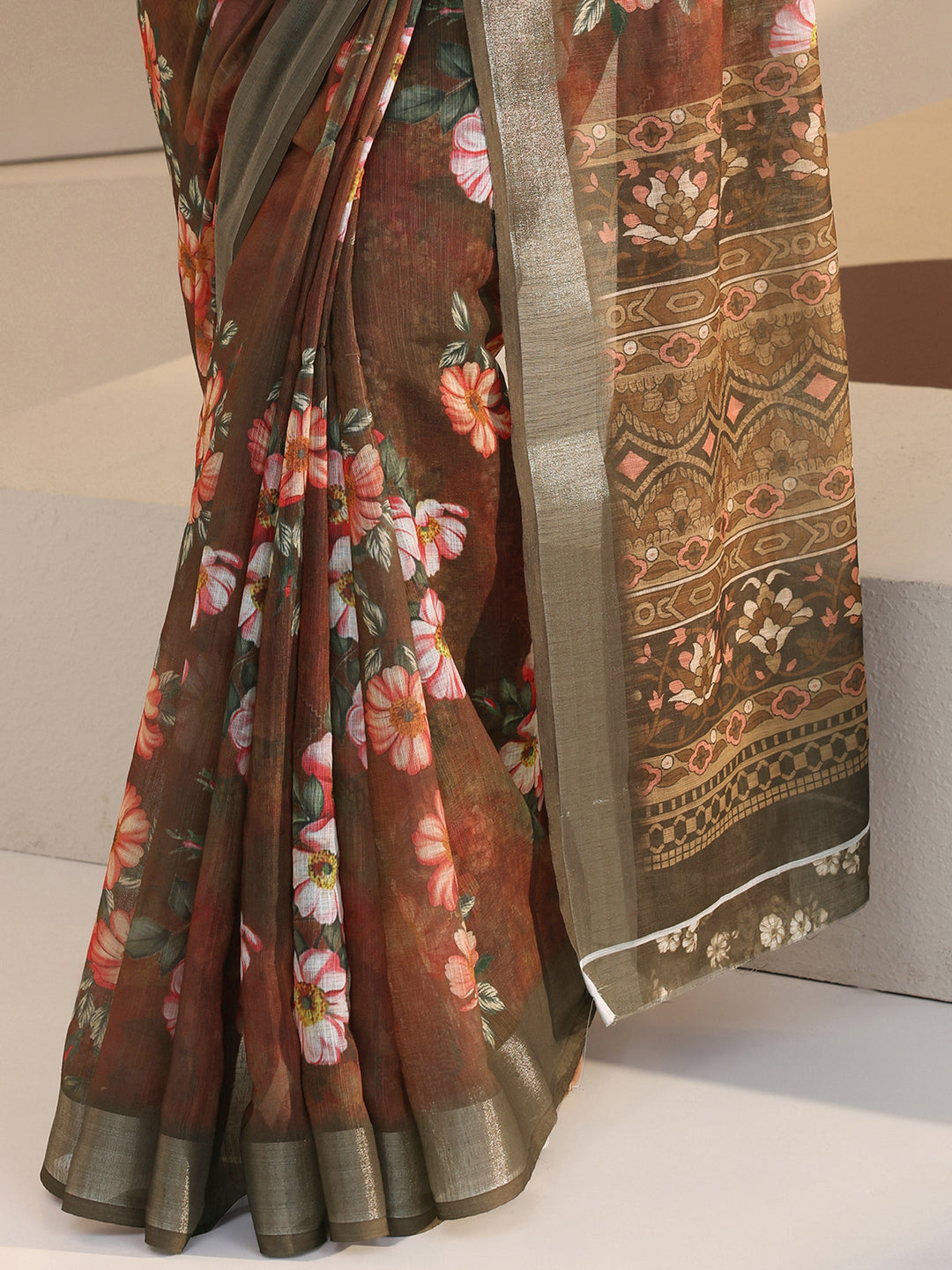  Brown Floral Print Cotton Blend Saree 