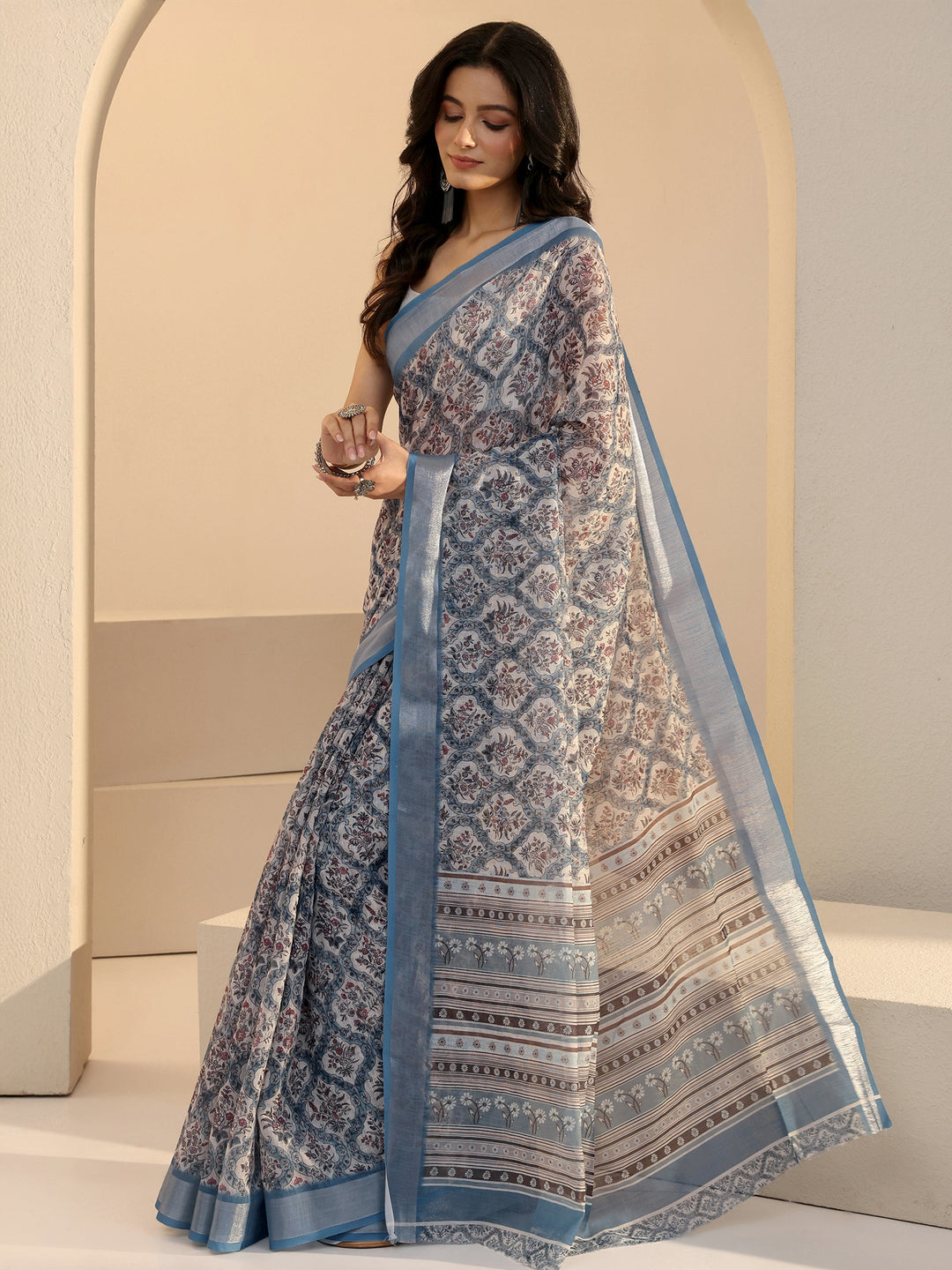  Powder Blue Floral Print Cotton Blend Saree 
