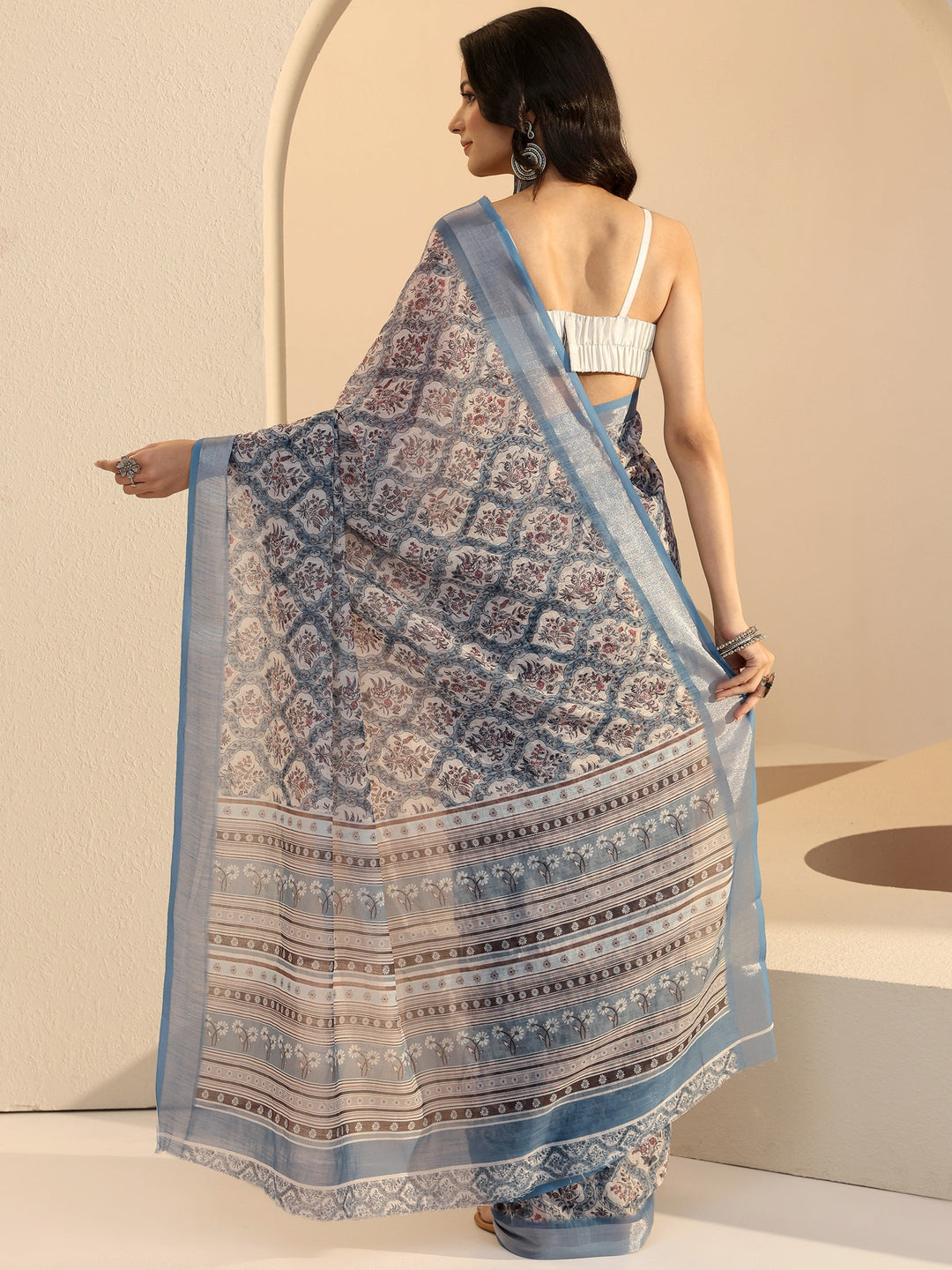  Powder Blue Floral Print Cotton Blend Saree 