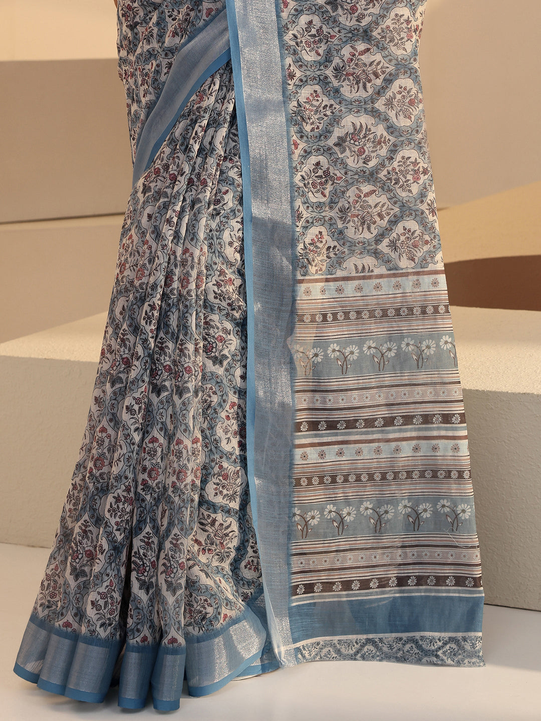  Powder Blue Floral Print Cotton Blend Saree 