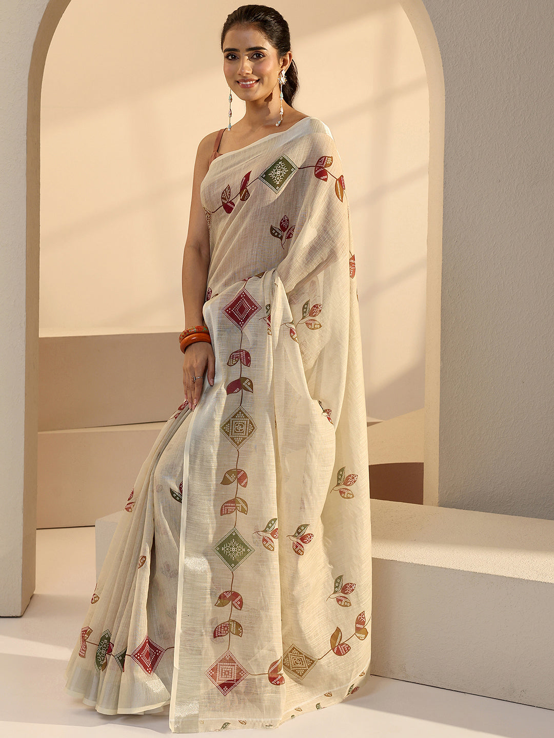  Beige Leafy Print Cotton Blend Saree 