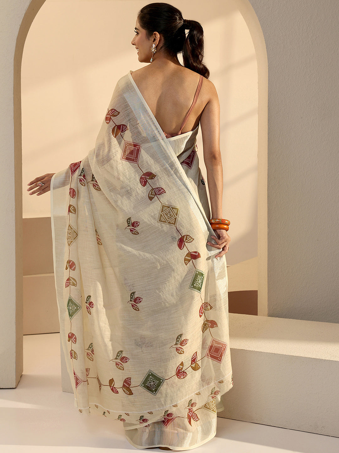  Beige Leafy Print Cotton Blend Saree 