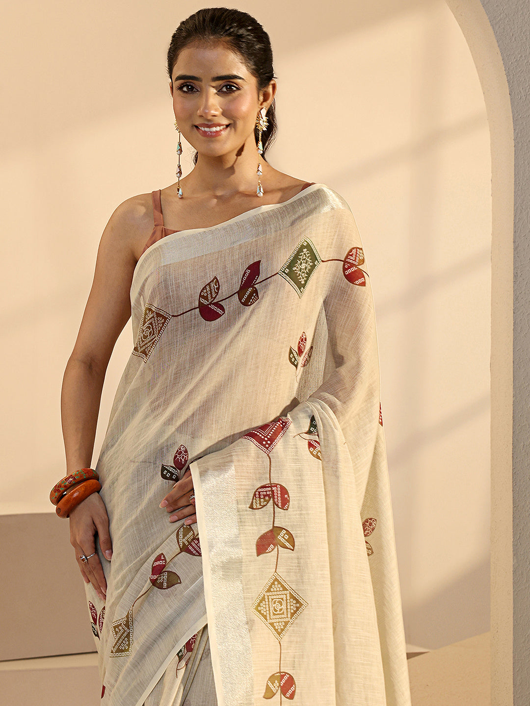  Beige Leafy Print Cotton Blend Saree 