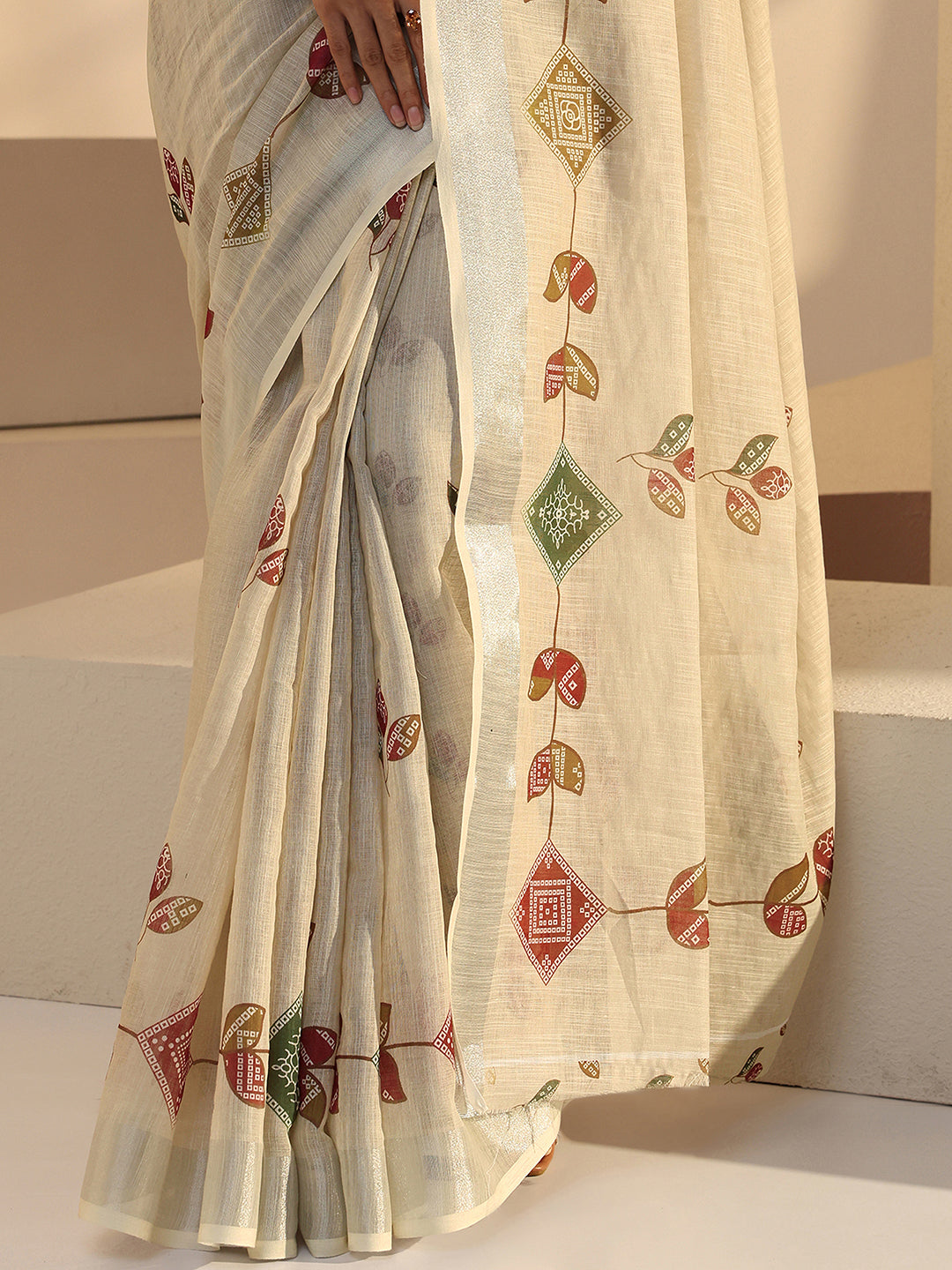  Beige Leafy Print Cotton Blend Saree 