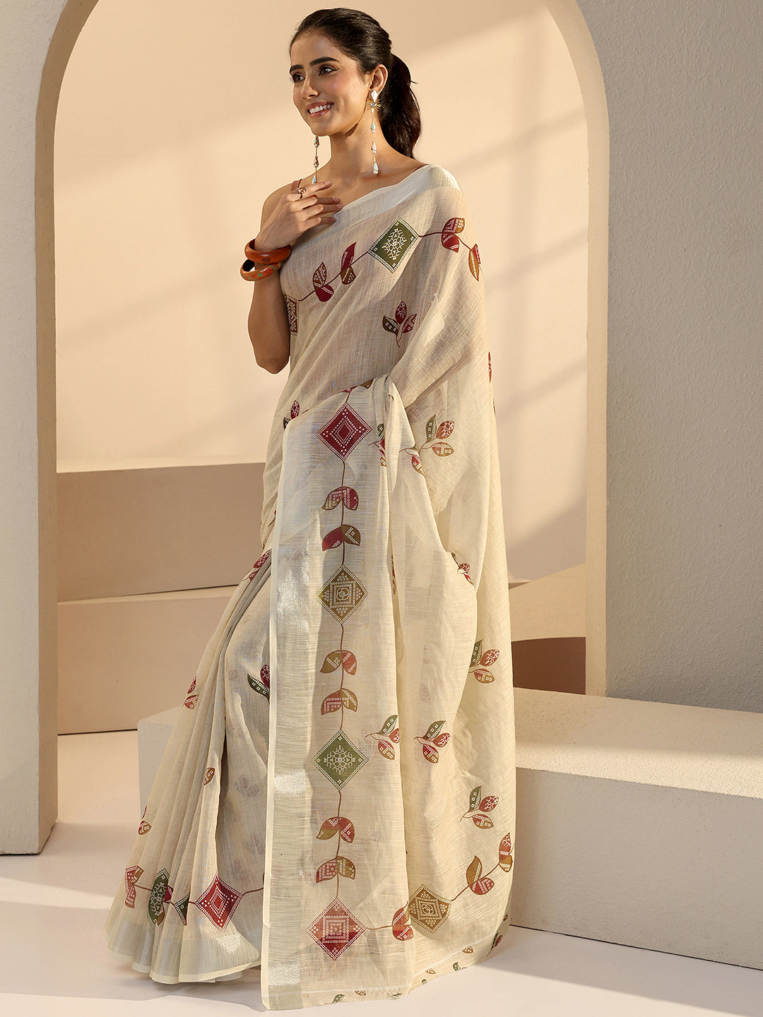  Beige Leafy Print Cotton Blend Saree 