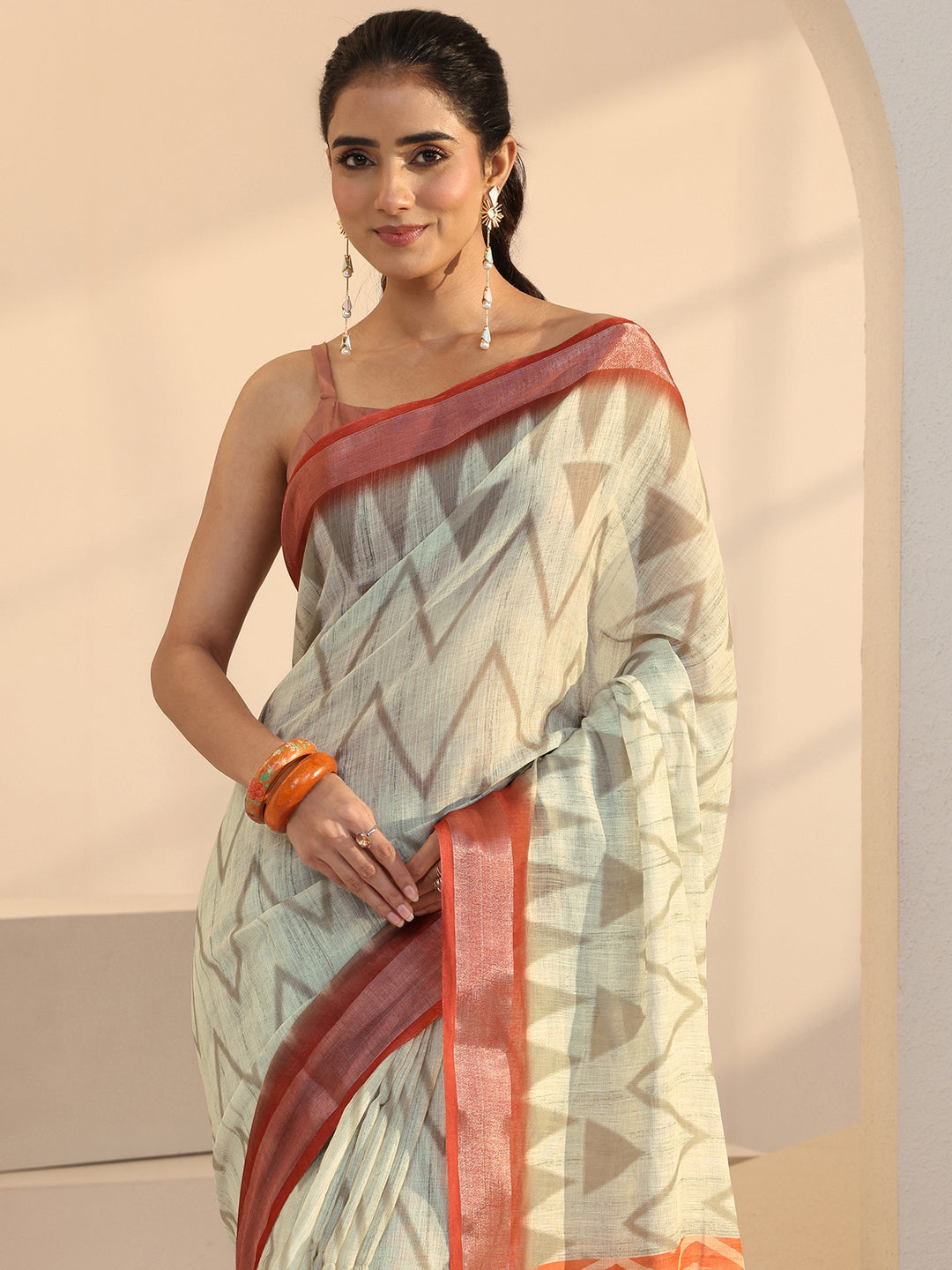  Beige Chevron Print Cotton Blend Saree 