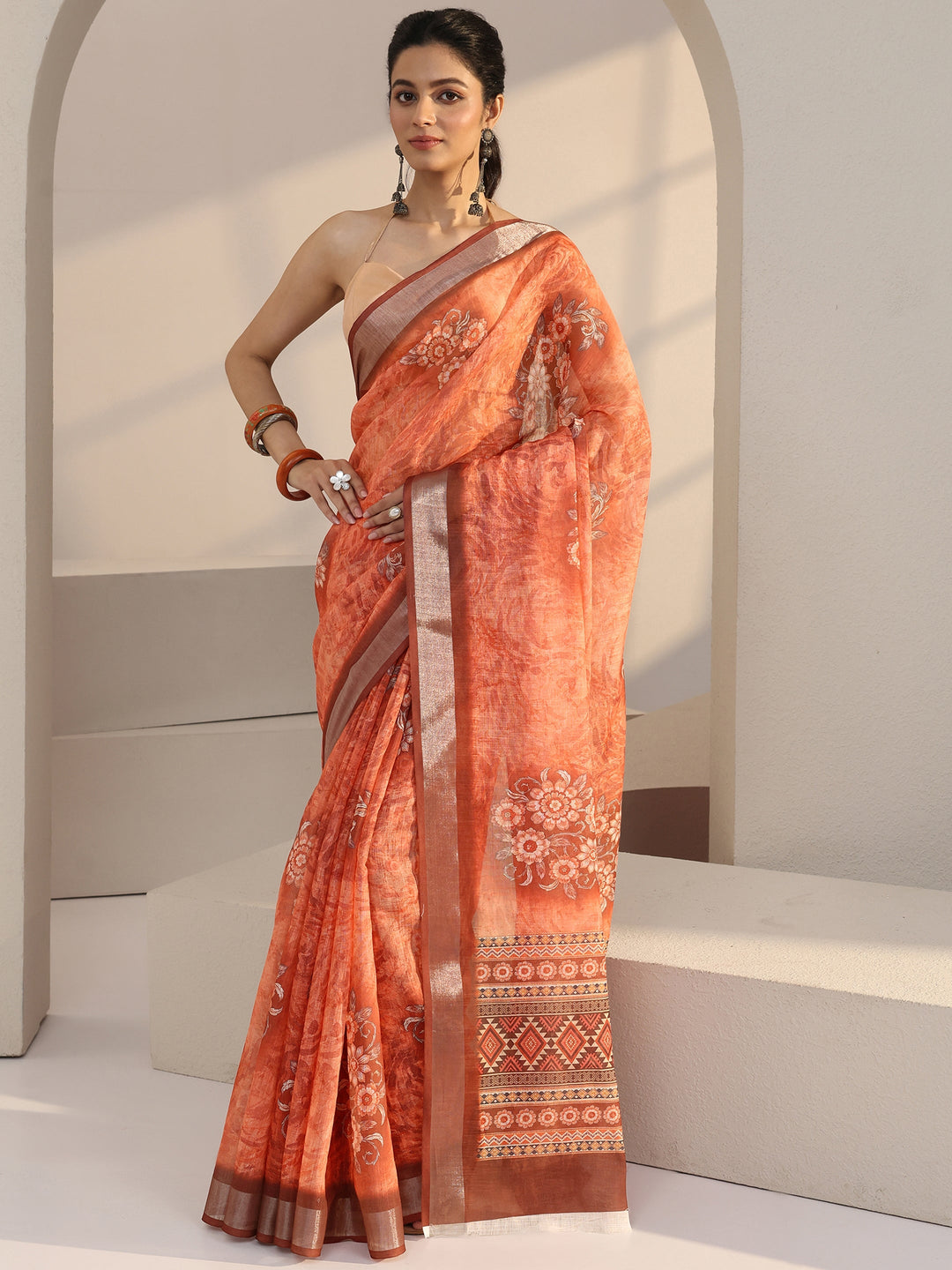  Peach Floral Print Cotton Blend Saree 